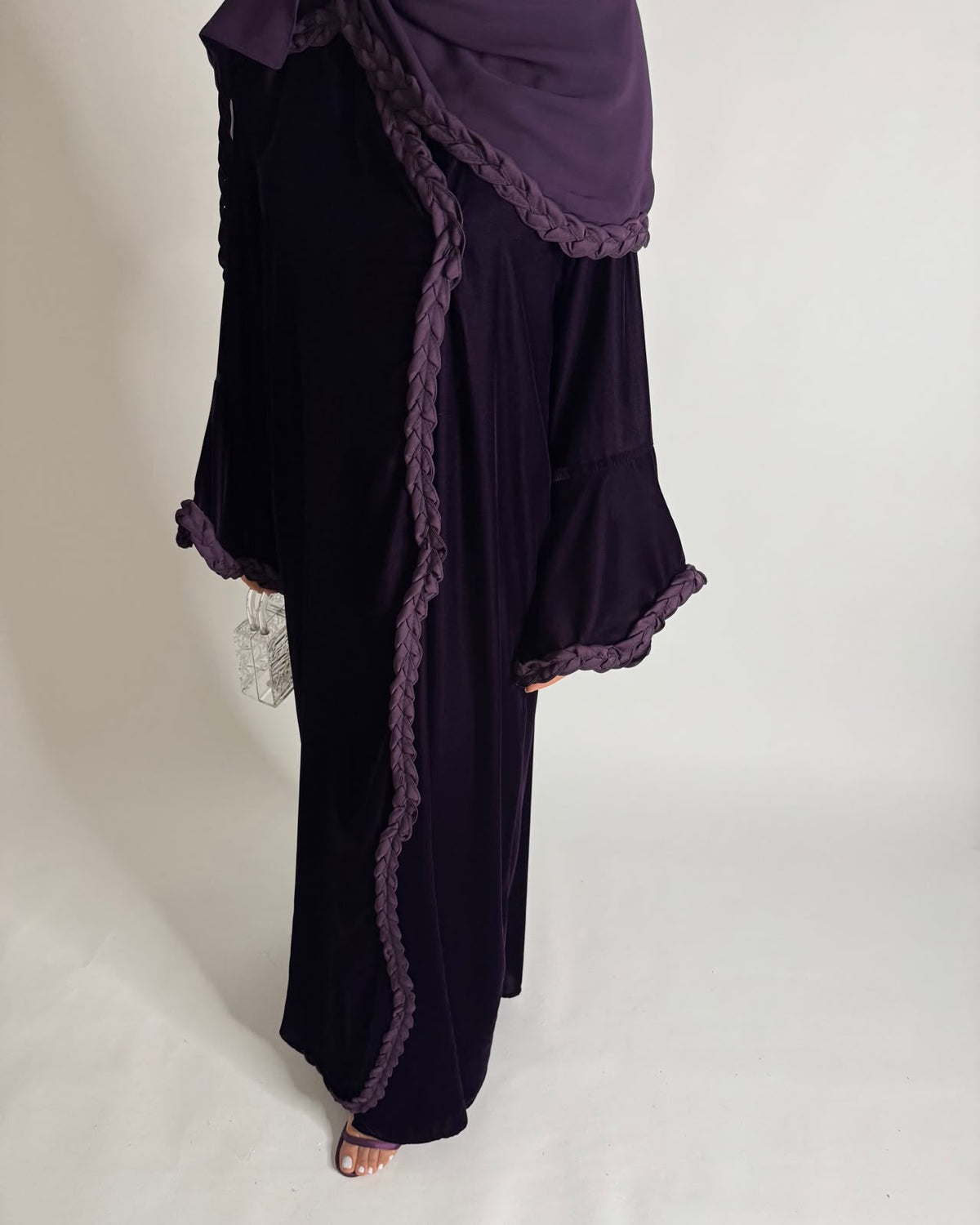A683 - Purple Braided Waves Velvet Abaya with Matching Head Scarf