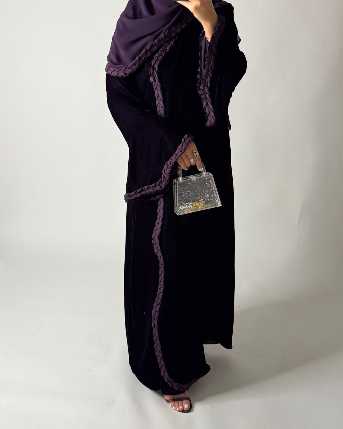 A683 - Purple Braided Waves Velvet Abaya with Matching Head Scarf