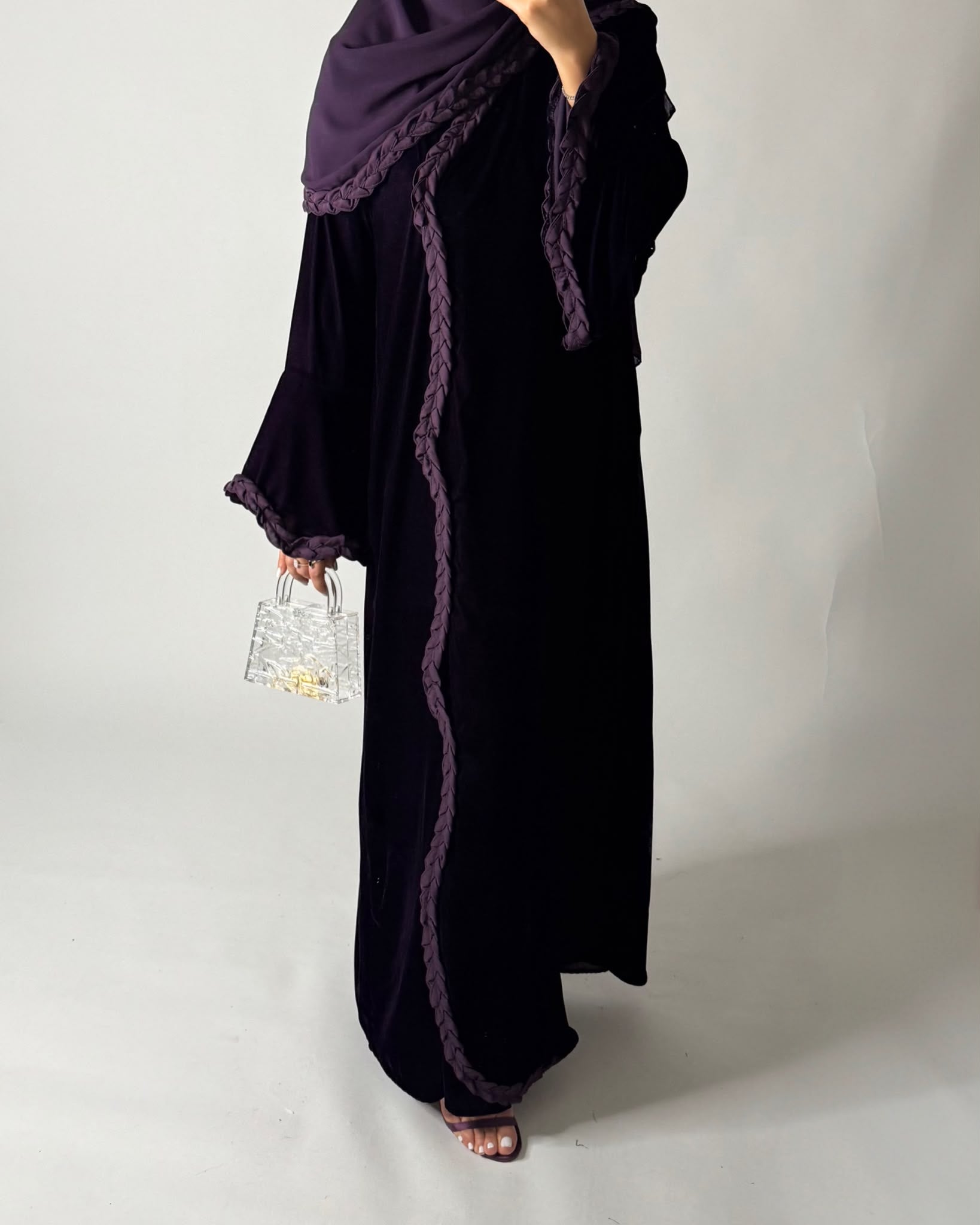 A683 - Purple Braided Waves Velvet Abaya with Matching Head Scarf
