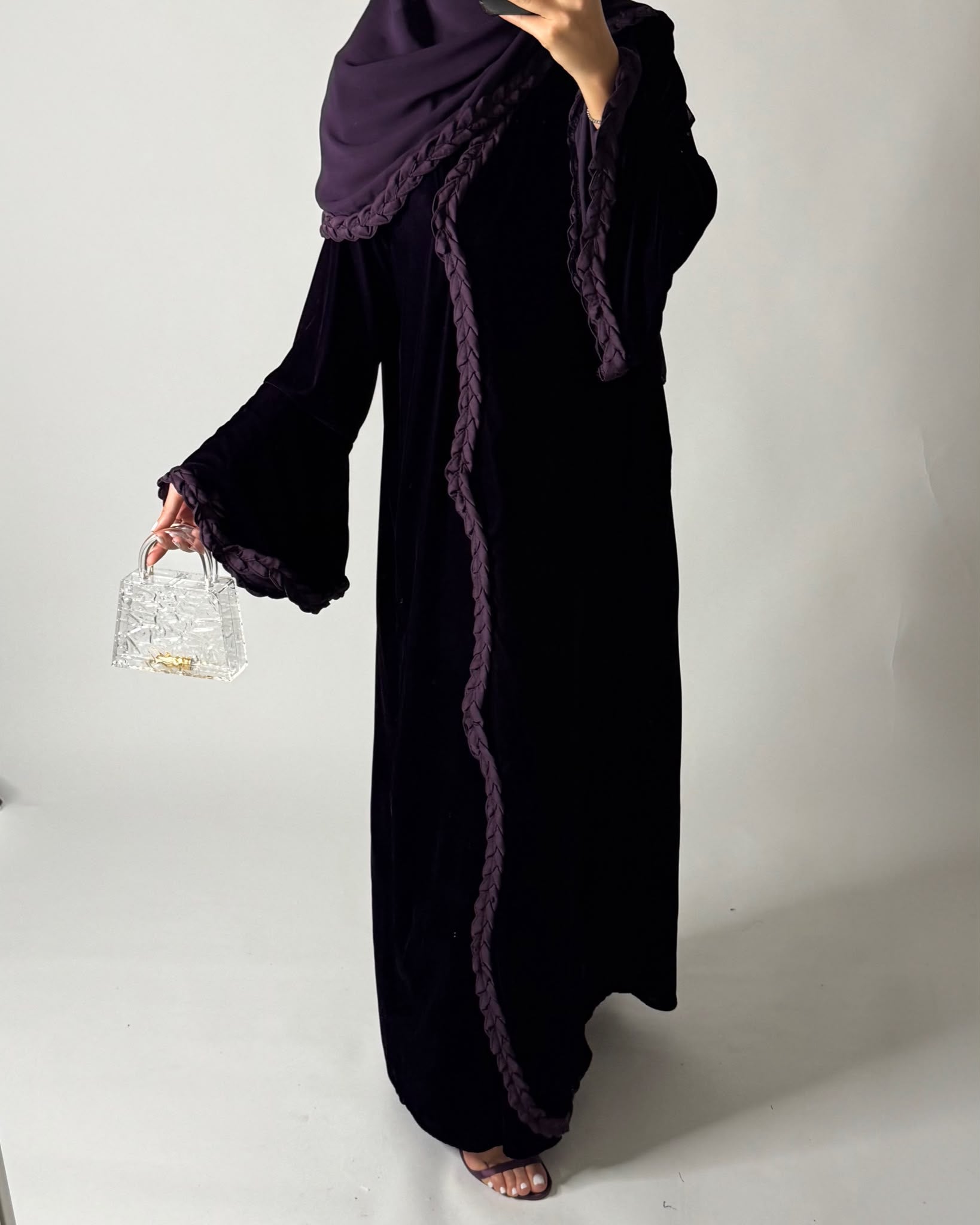 A683 - Purple Braided Waves Velvet Abaya with Matching Head Scarf