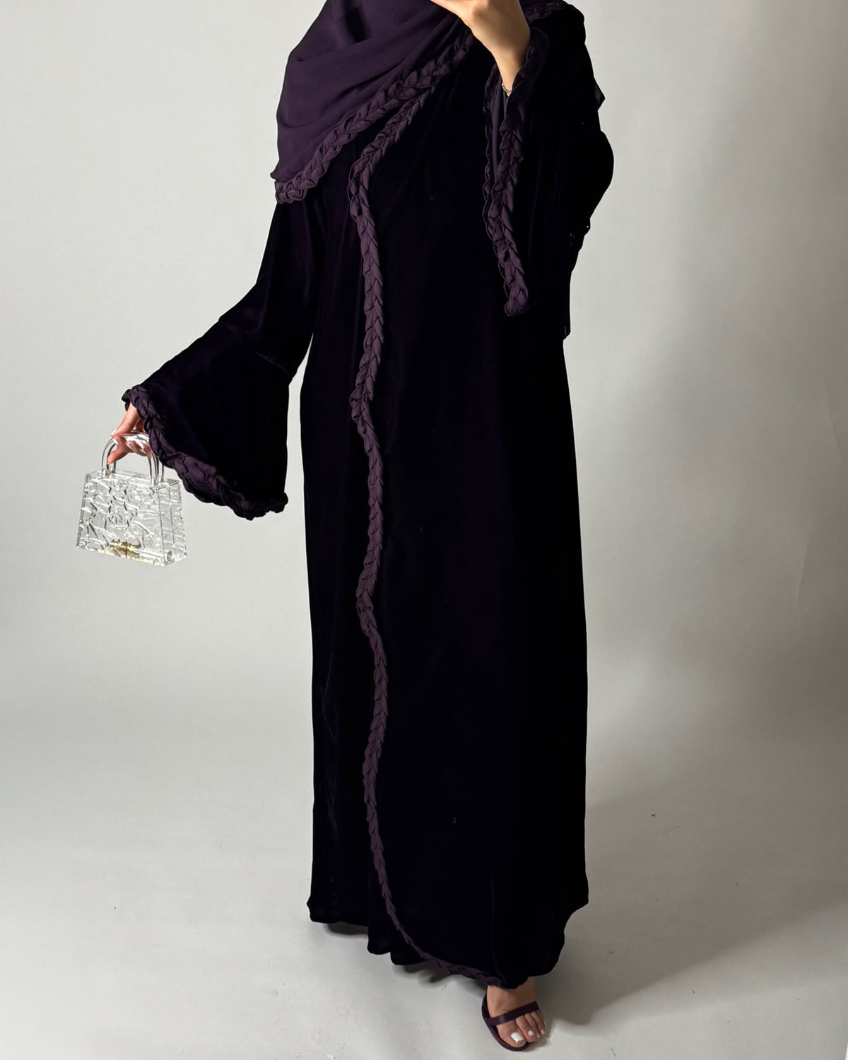 A683 - Purple Braided Waves Velvet Abaya with Matching Head Scarf