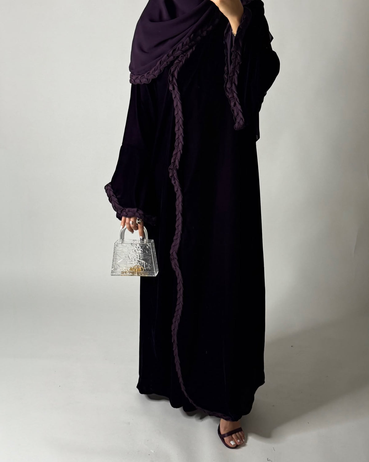 A683 - Purple Braided Waves Velvet Abaya with Matching Head Scarf