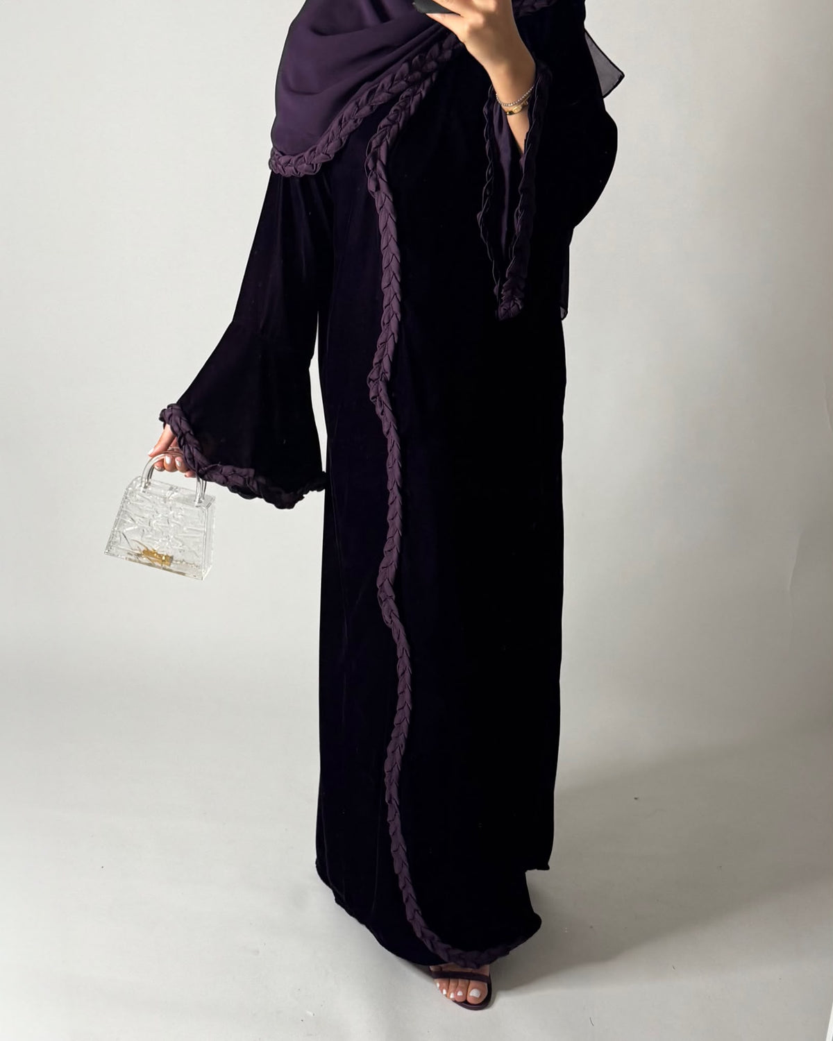 A683 - Purple Braided Waves Velvet Abaya with Matching Head Scarf