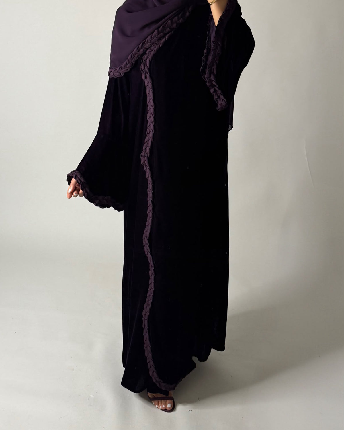 A683 - Purple Braided Waves Velvet Abaya with Matching Head Scarf