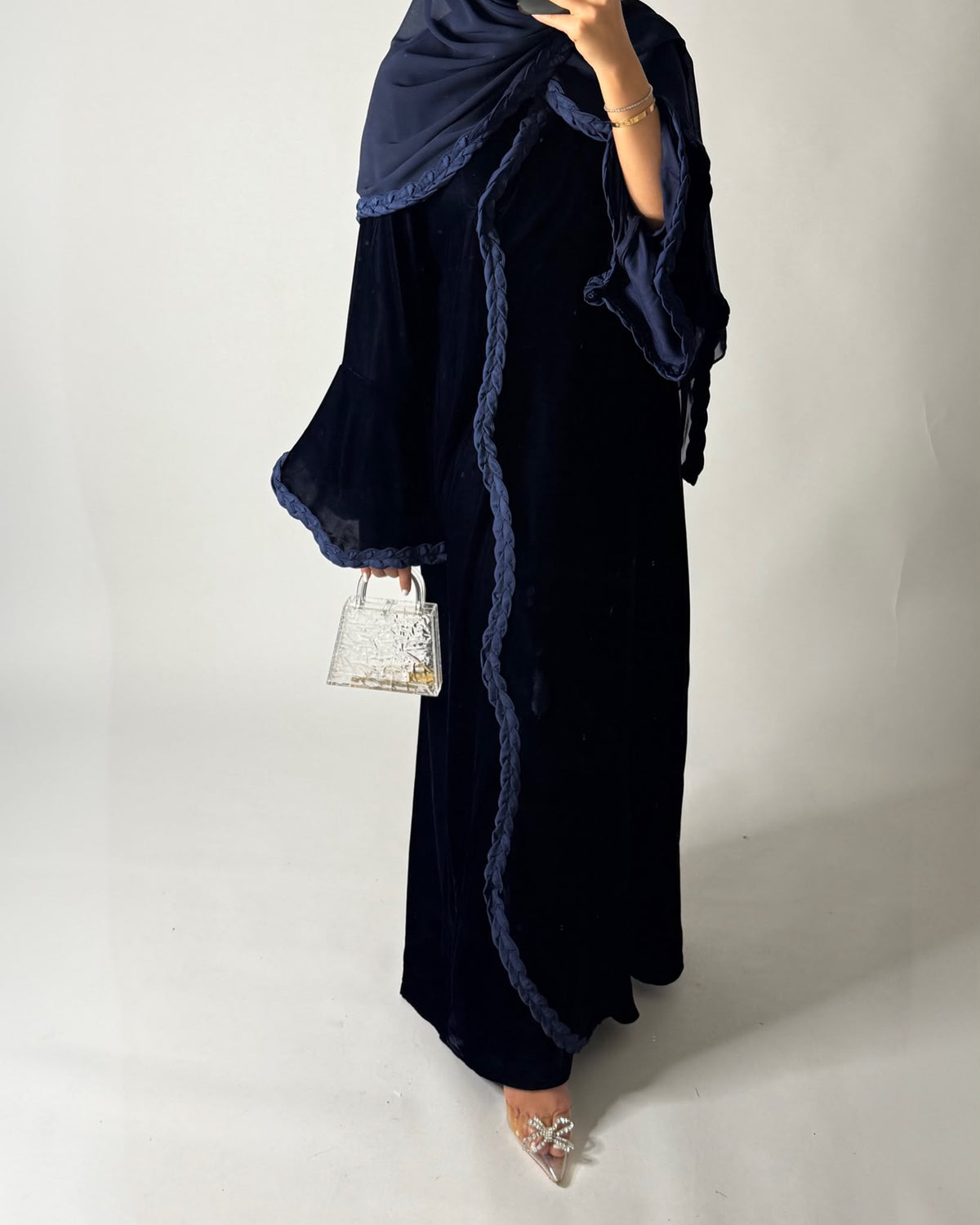 A684 - Navy Blue Braided Waves Velvet Abaya with Matching Head Scarf