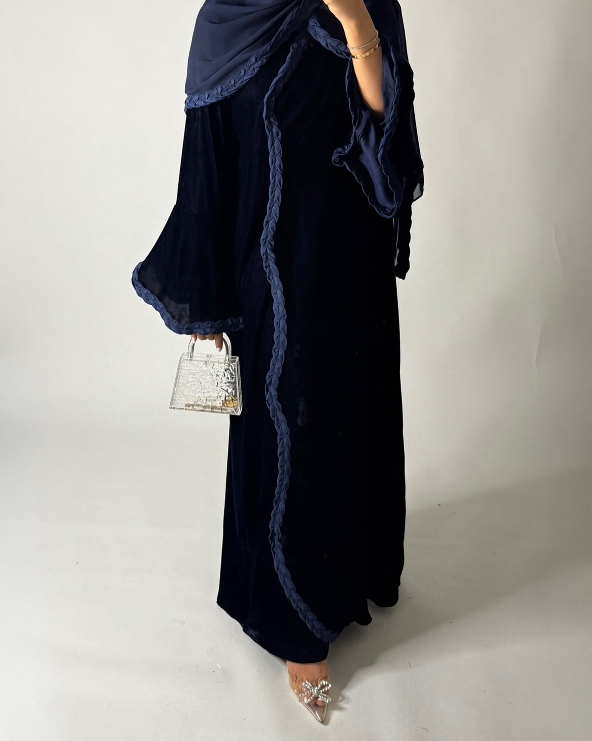 A684 - Navy Blue Braided Waves Velvet Abaya with Matching Head Scarf