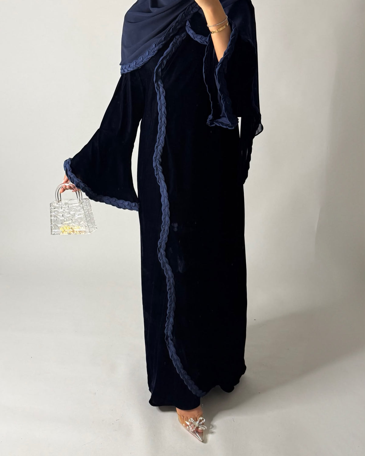 A684 - Navy Blue Braided Waves Velvet Abaya with Matching Head Scarf