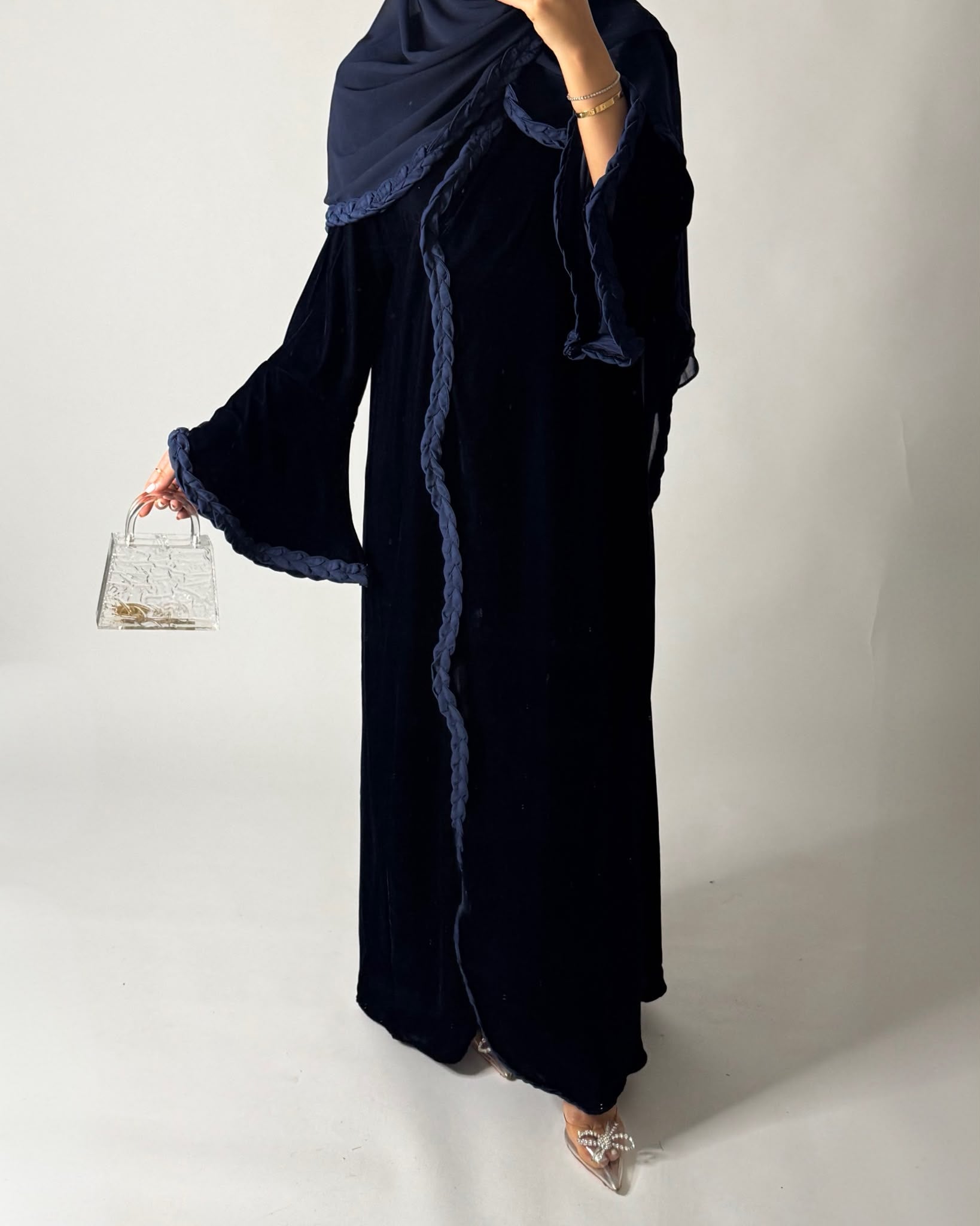 A684 - Navy Blue Braided Waves Velvet Abaya with Matching Head Scarf