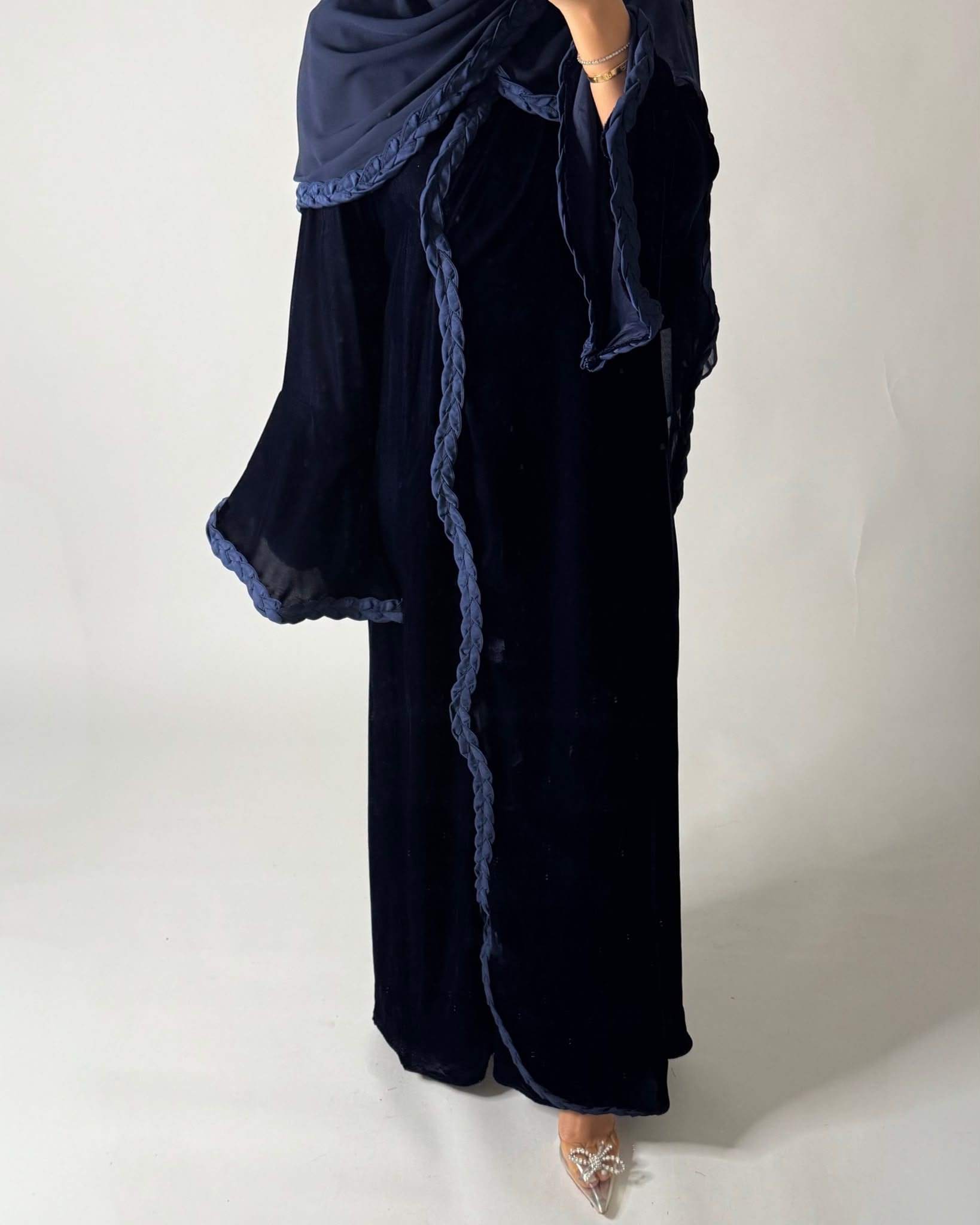 A684 - Navy Blue Braided Waves Velvet Abaya with Matching Head Scarf