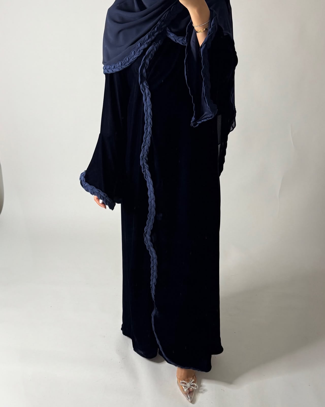 A684 - Navy Blue Braided Waves Velvet Abaya with Matching Head Scarf