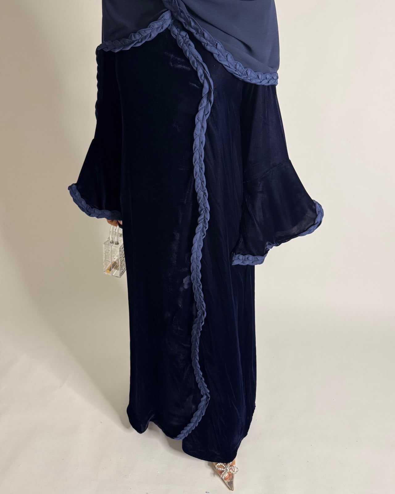 A684 - Navy Blue Braided Waves Velvet Abaya with Matching Head Scarf
