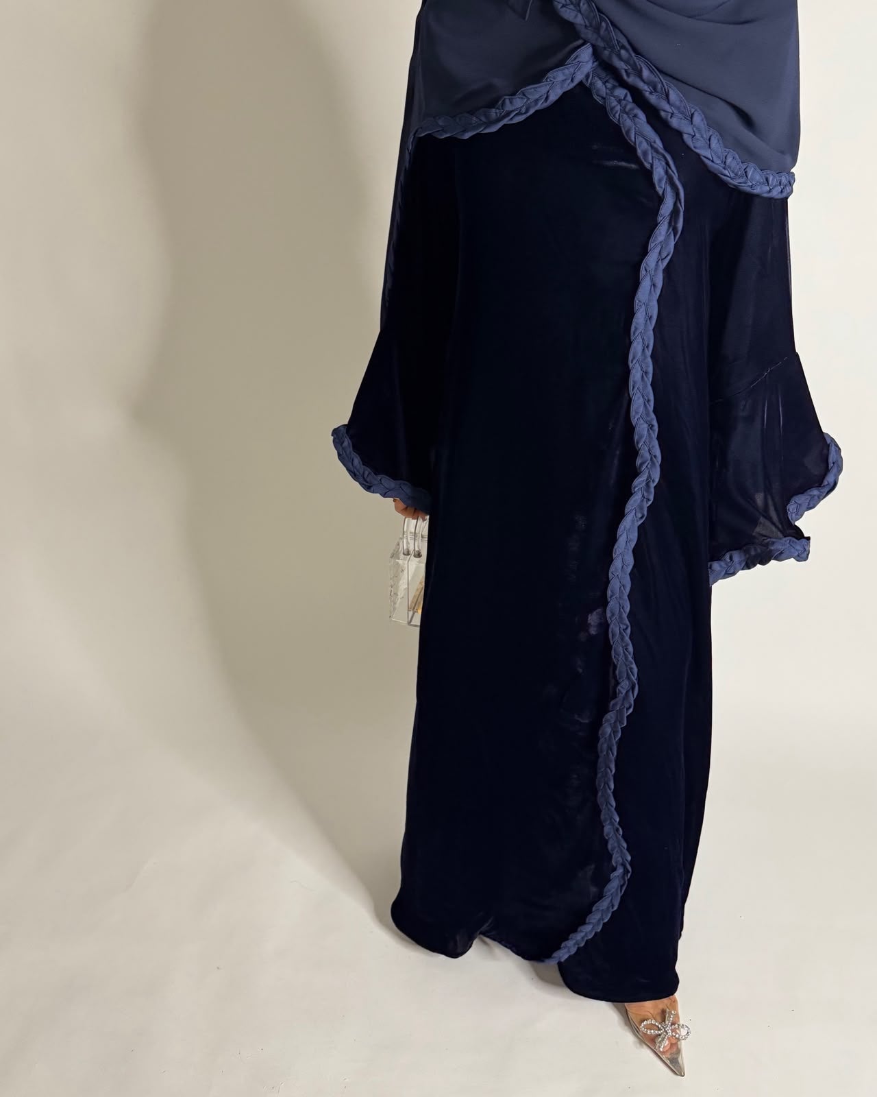 A684 - Navy Blue Braided Waves Velvet Abaya with Matching Head Scarf