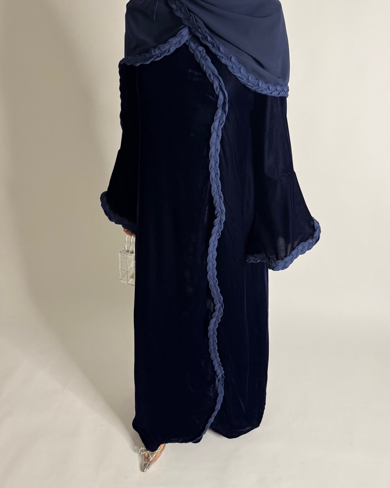 A684 - Navy Blue Braided Waves Velvet Abaya with Matching Head Scarf
