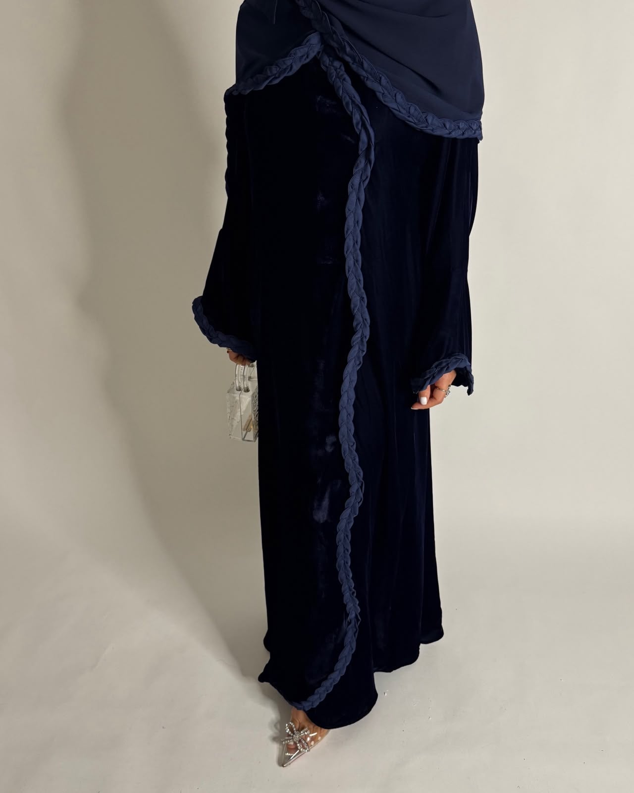 A684 - Navy Blue Braided Waves Velvet Abaya with Matching Head Scarf
