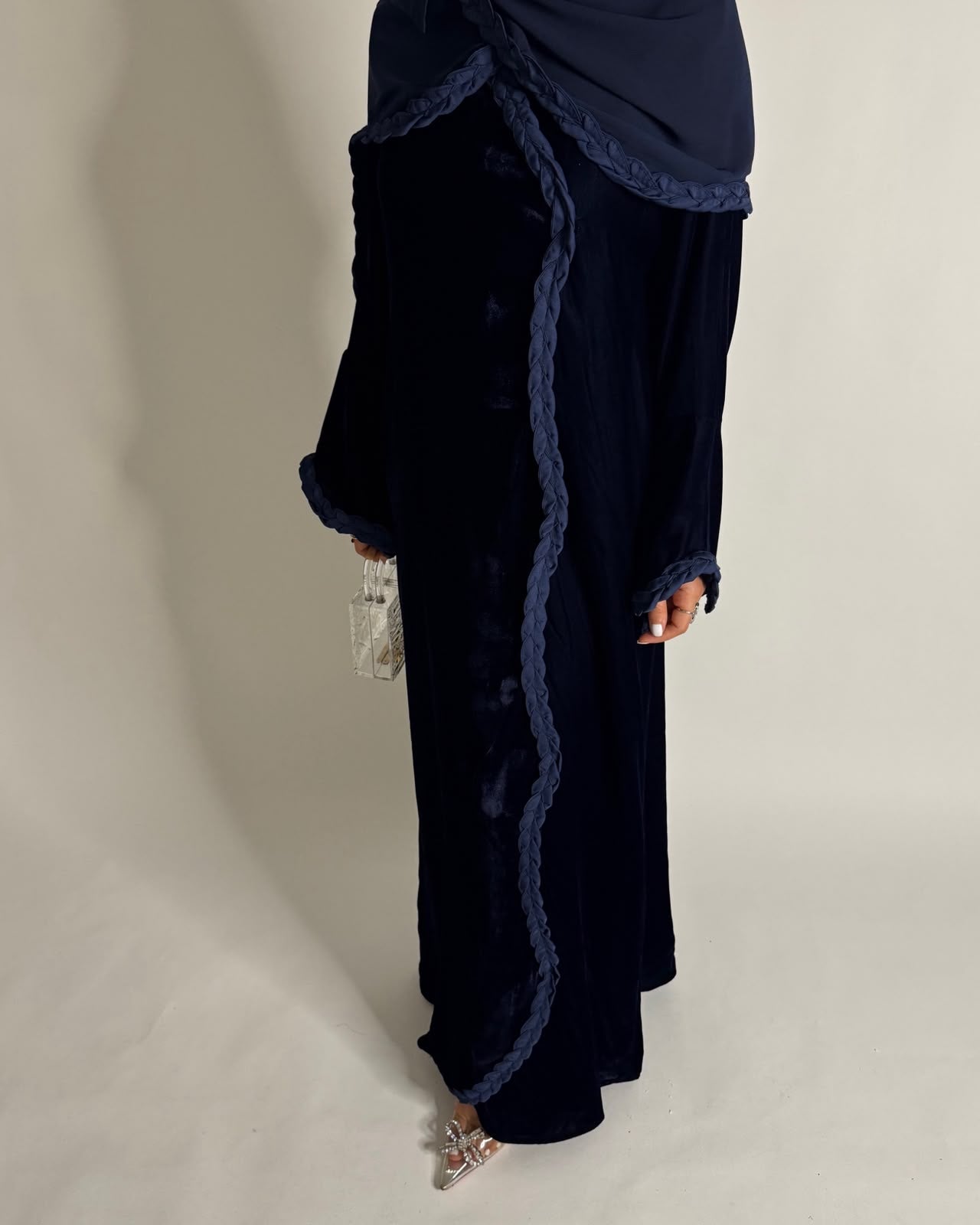 A684 - Navy Blue Braided Waves Velvet Abaya with Matching Head Scarf