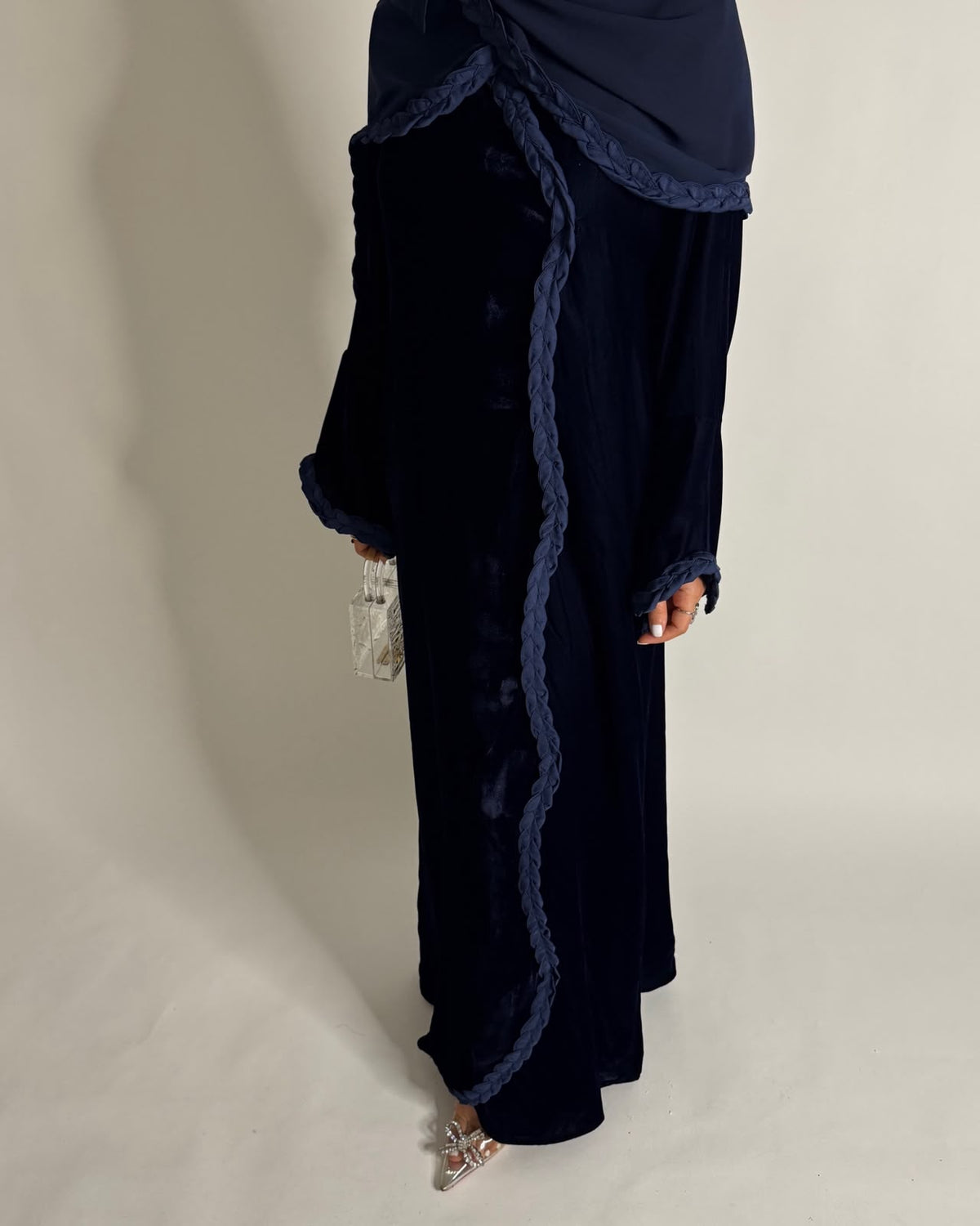 A684 - Navy Blue Braided Waves Velvet Abaya with Matching Head Scarf
