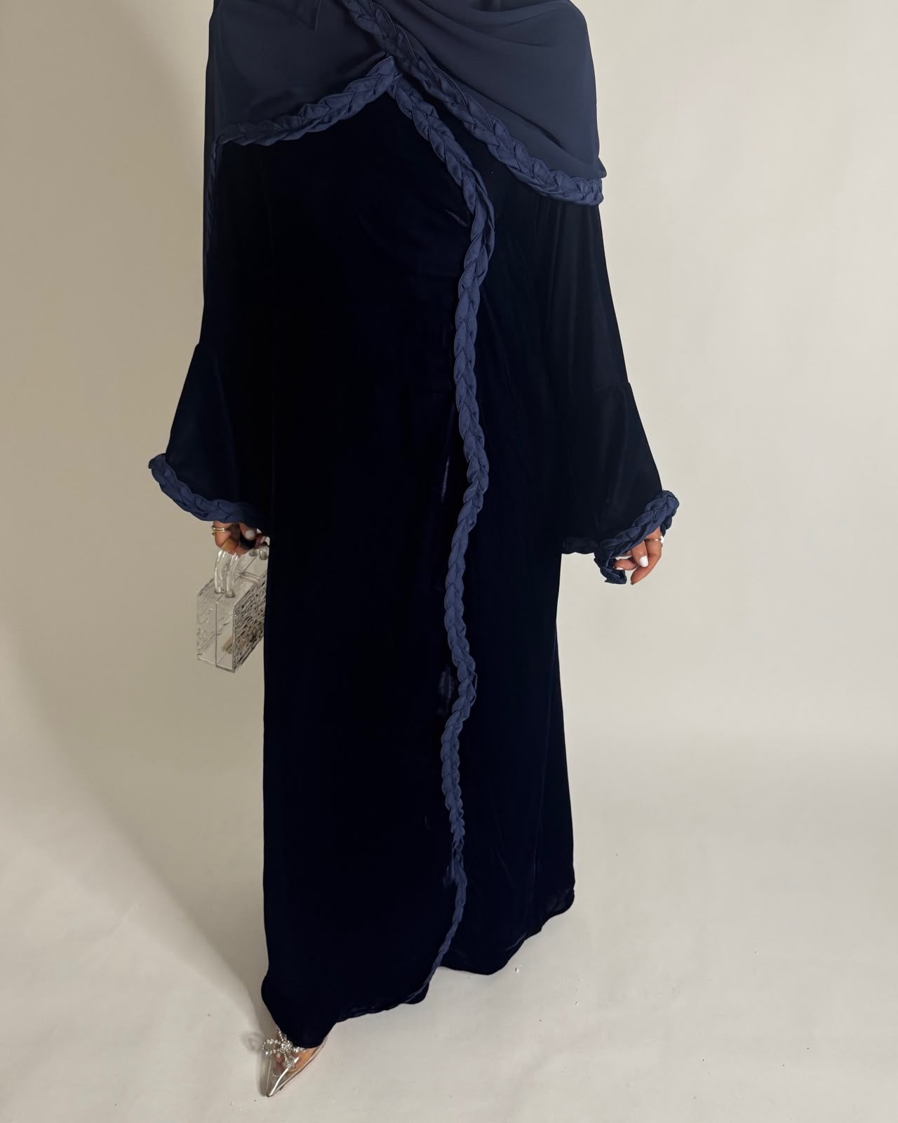A684 - Navy Blue Braided Waves Velvet Abaya with Matching Head Scarf