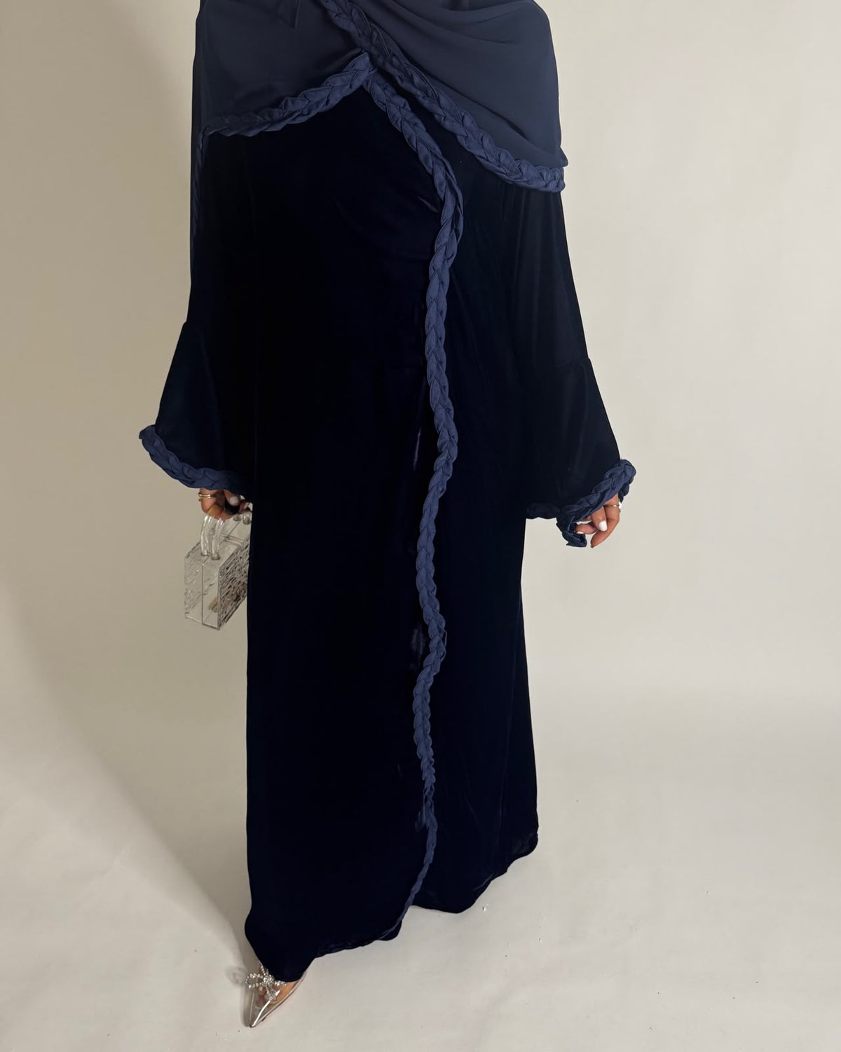 A684 - Navy Blue Braided Waves Velvet Abaya with Matching Head Scarf