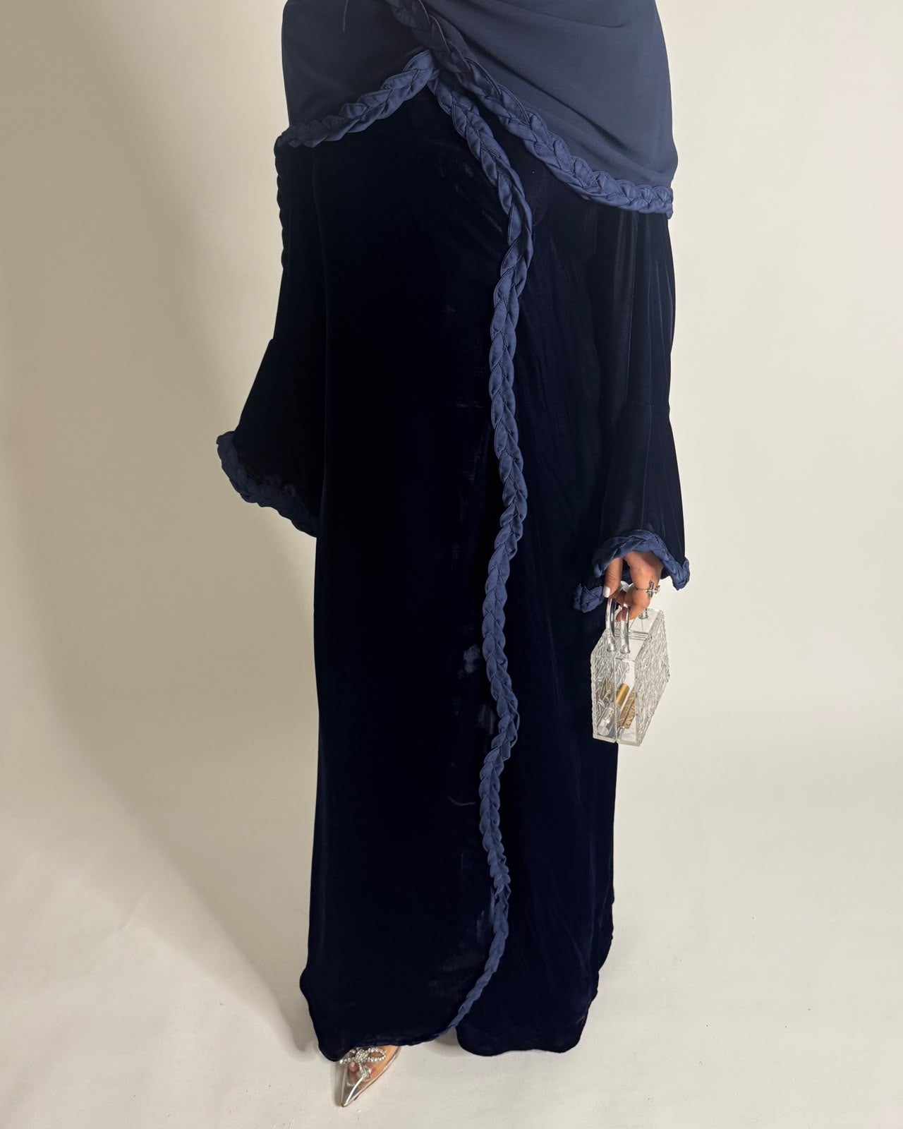 A684 - Navy Blue Braided Waves Velvet Abaya with Matching Head Scarf