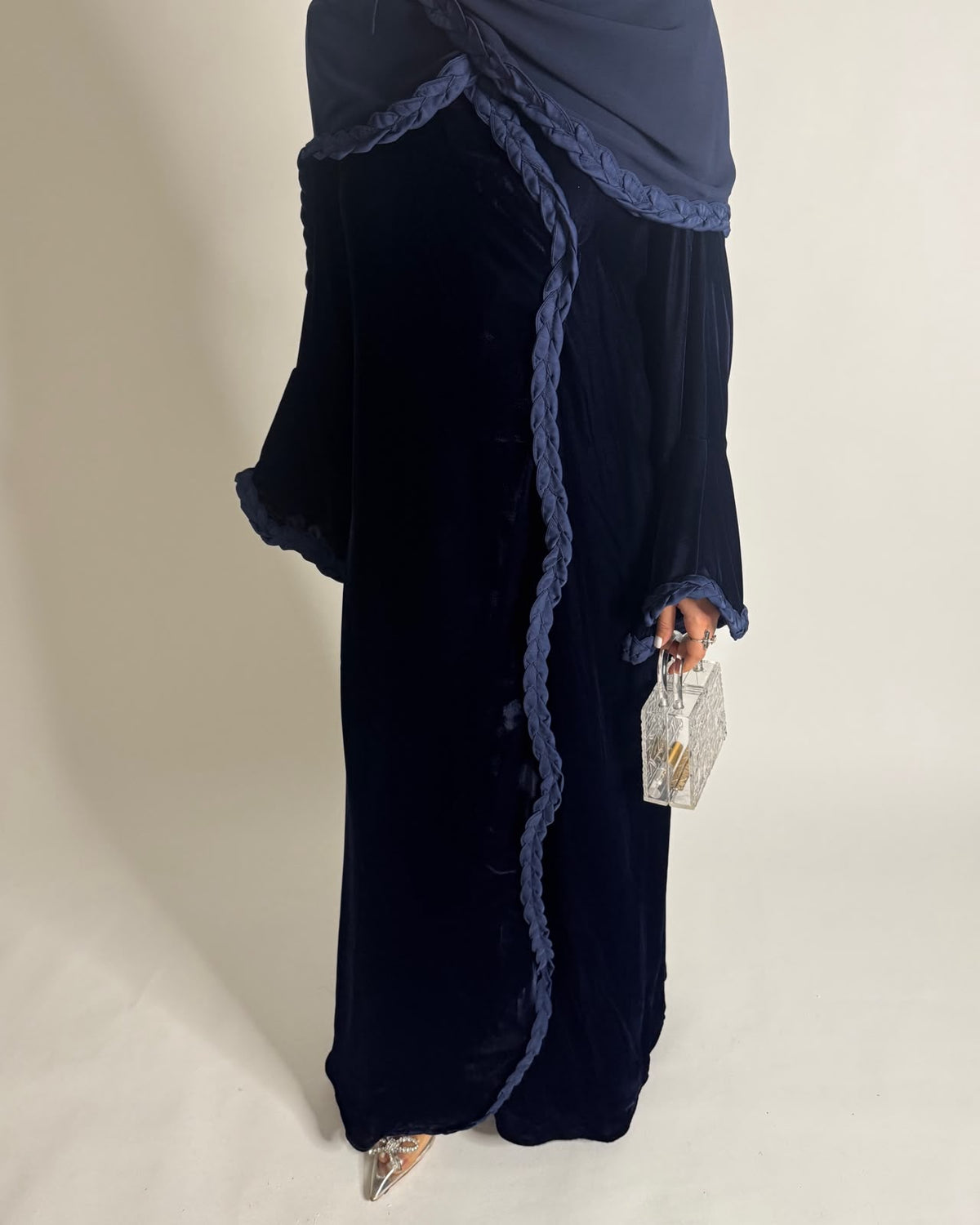 A684 - Navy Blue Braided Waves Velvet Abaya with Matching Head Scarf