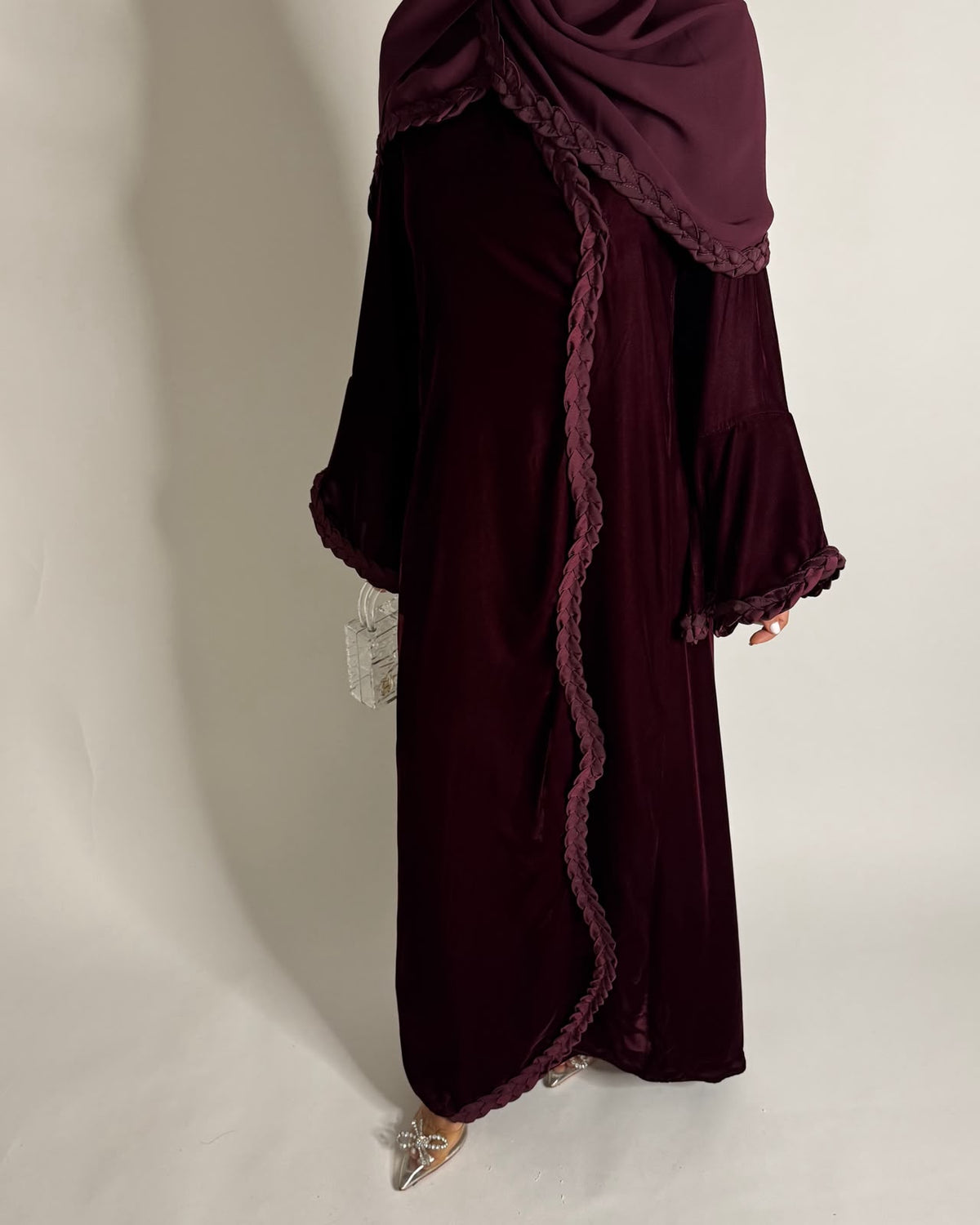 A685 - Maroon Braided Waves Velvet Abaya with Matching Head Scarf