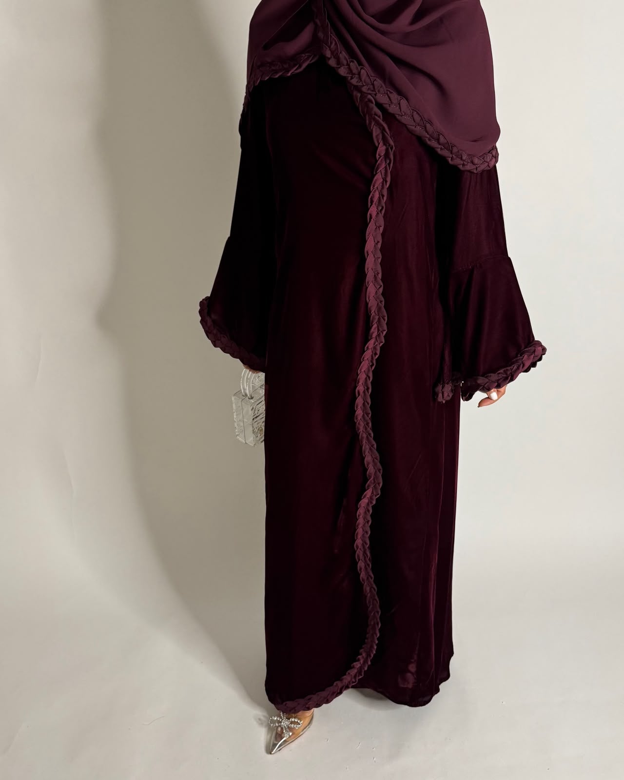 A685 - Maroon Braided Waves Velvet Abaya with Matching Head Scarf