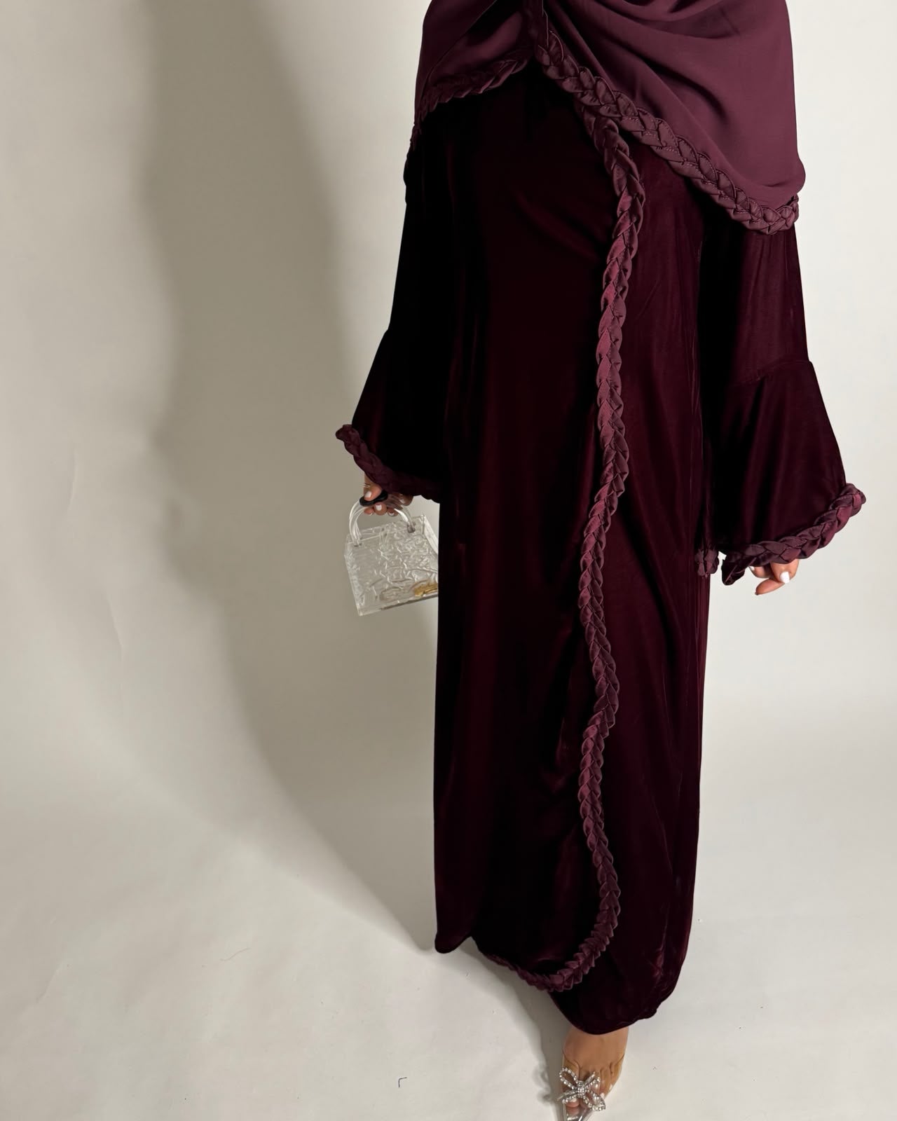 A685 - Maroon Braided Waves Velvet Abaya with Matching Head Scarf