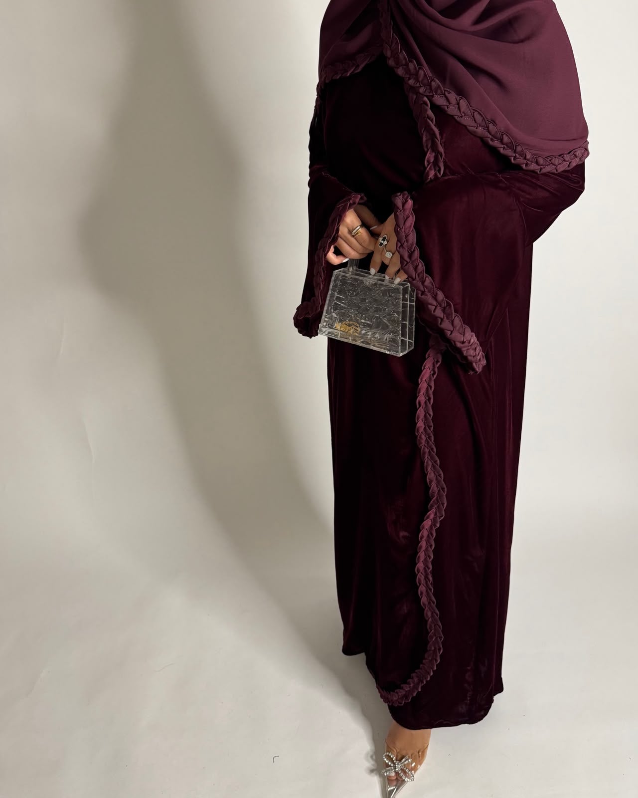 A685 - Maroon Braided Waves Velvet Abaya with Matching Head Scarf