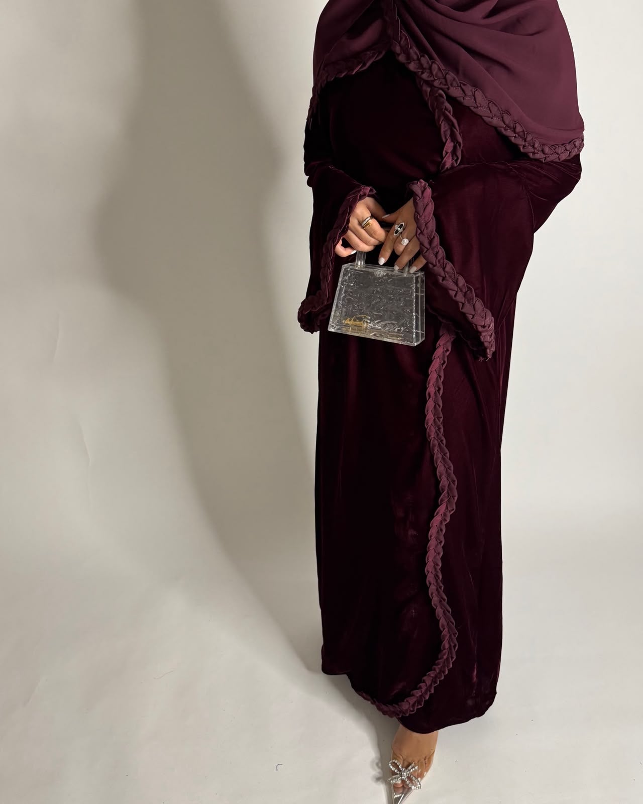 A685 - Maroon Braided Waves Velvet Abaya with Matching Head Scarf