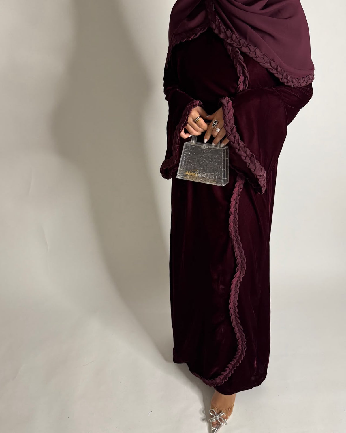 A685 - Maroon Braided Waves Velvet Abaya with Matching Head Scarf