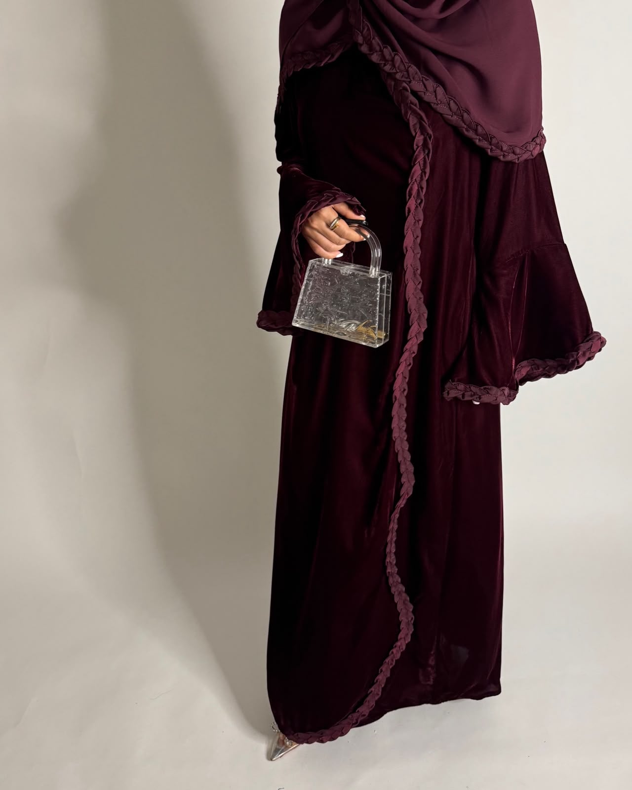 A685 - Maroon Braided Waves Velvet Abaya with Matching Head Scarf