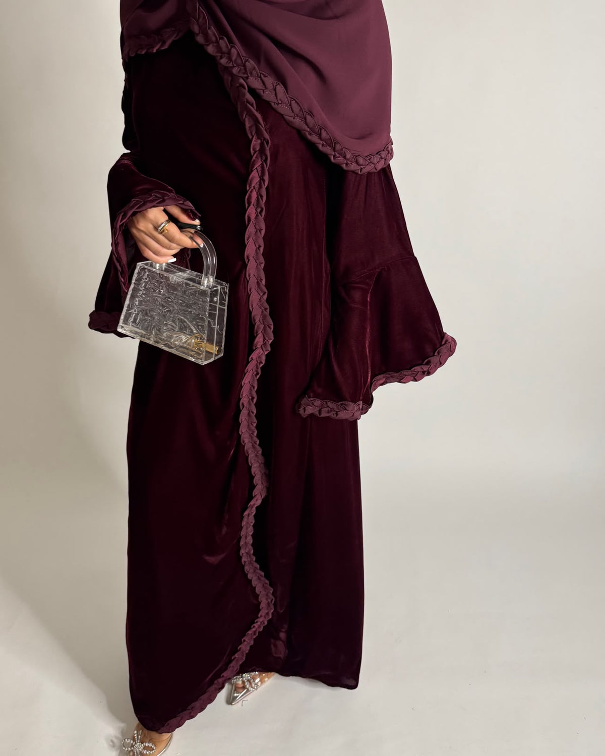 A685 - Maroon Braided Waves Velvet Abaya with Matching Head Scarf