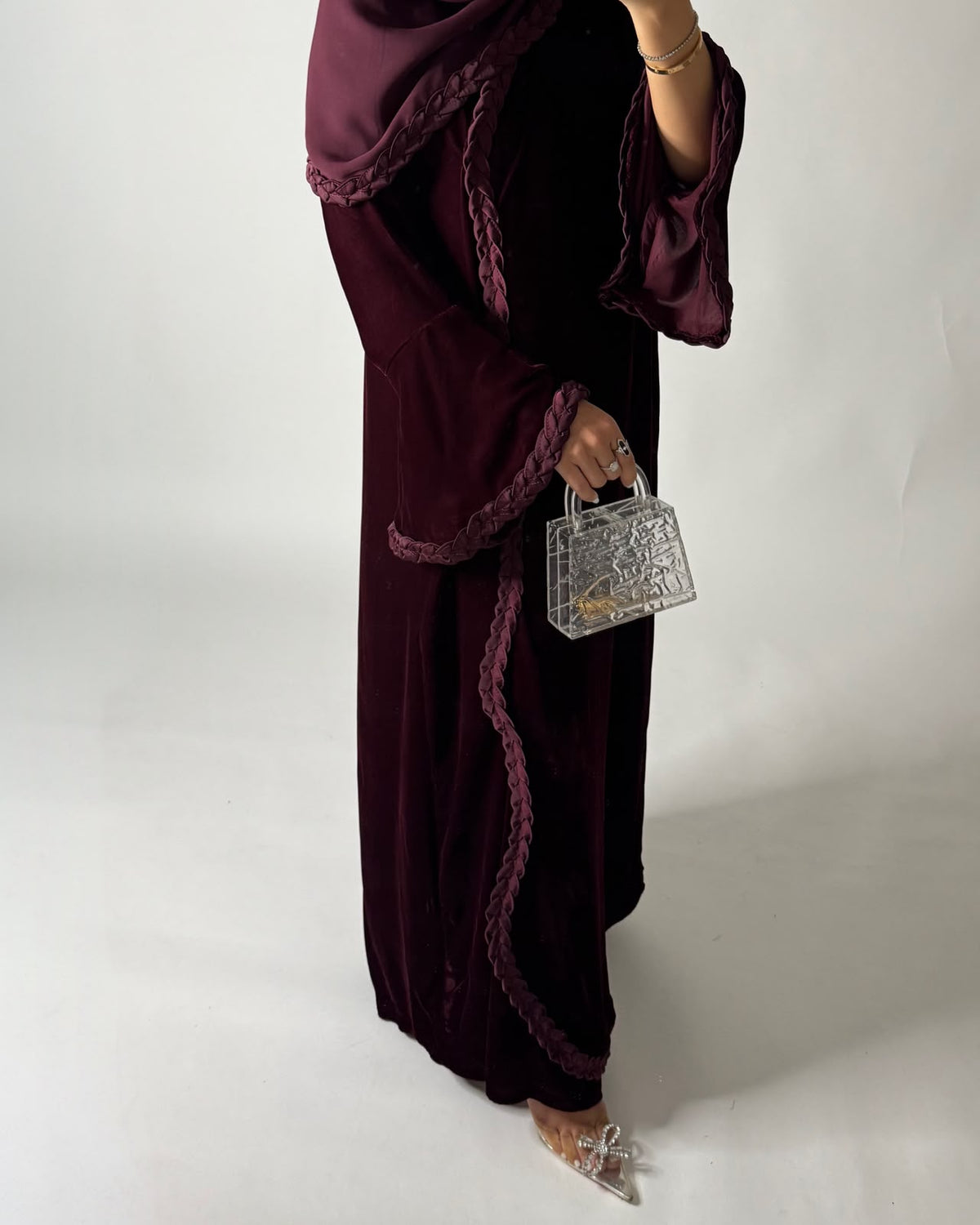 A685 - Maroon Braided Waves Velvet Abaya with Matching Head Scarf