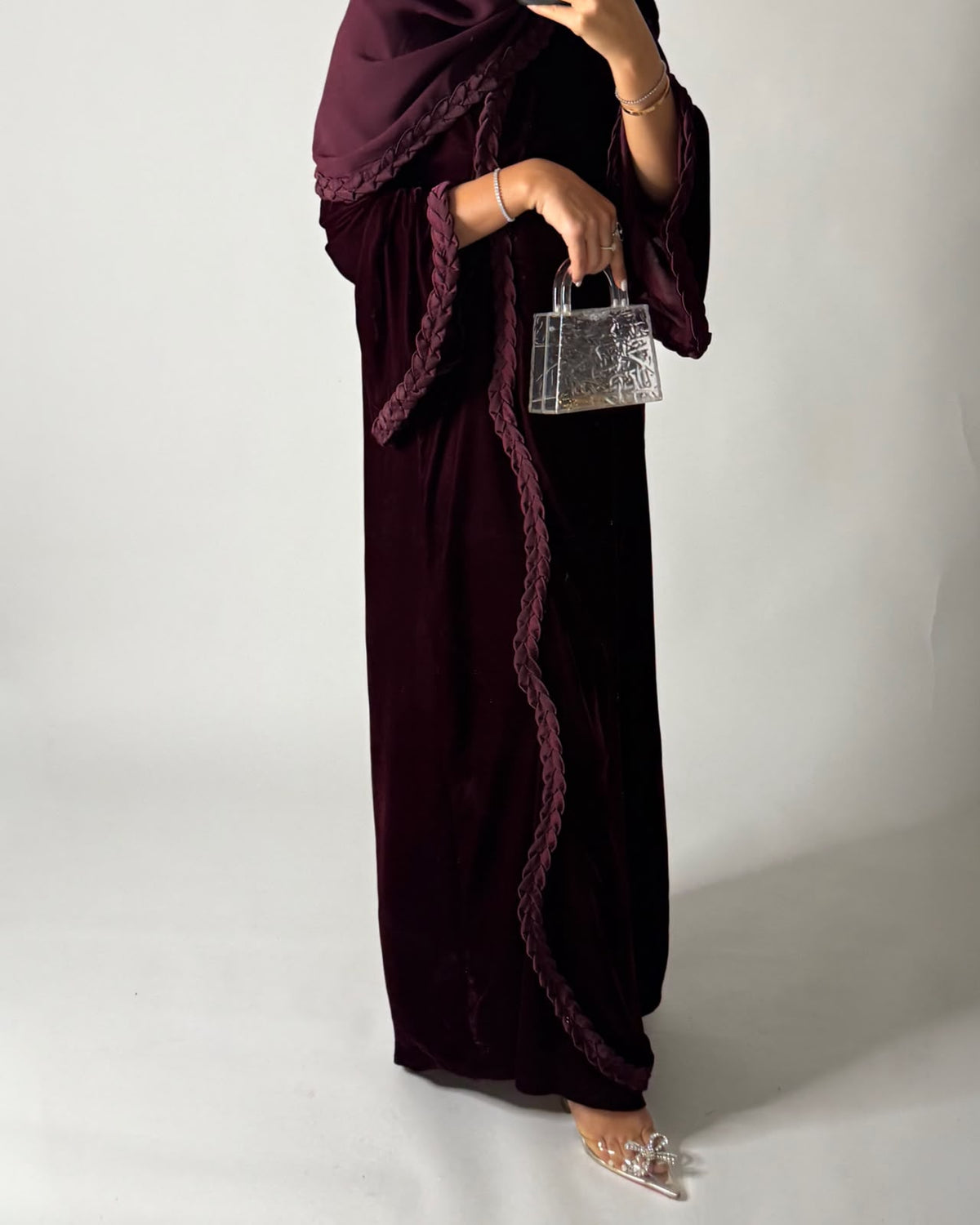 A685 - Maroon Braided Waves Velvet Abaya with Matching Head Scarf