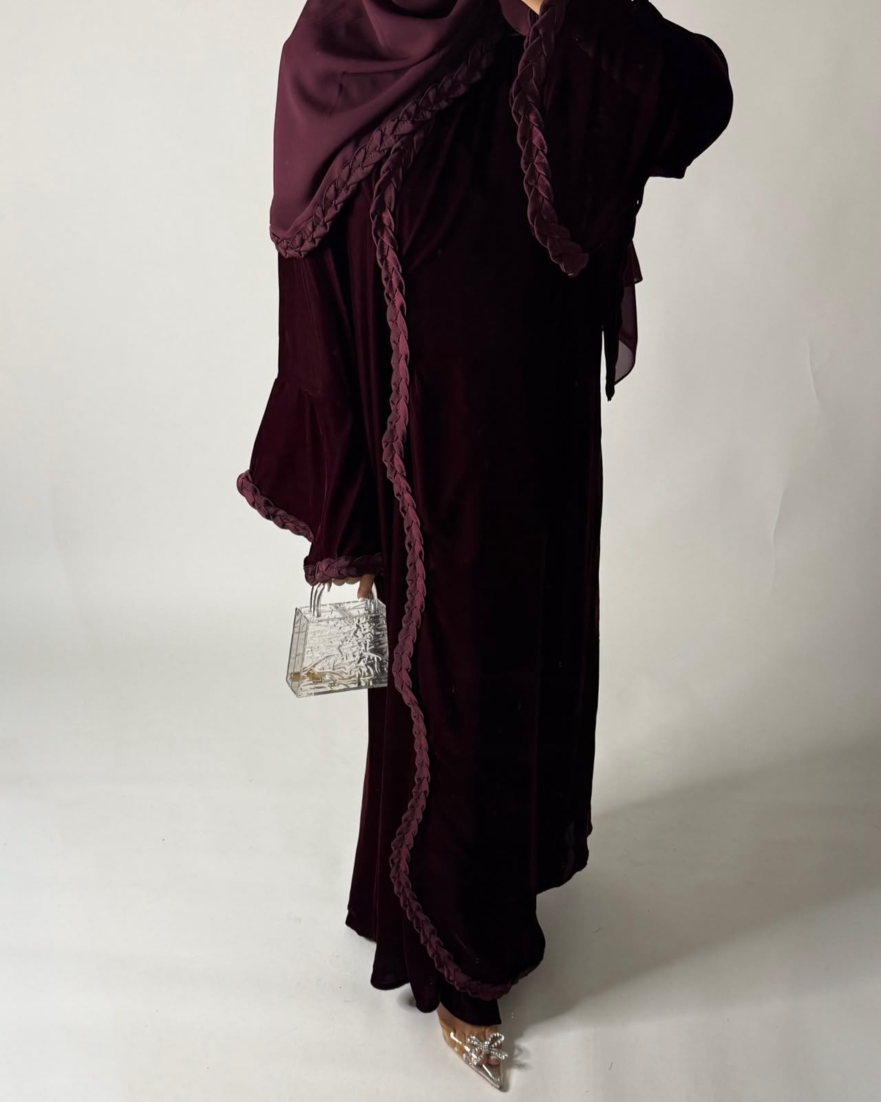 A685 - Maroon Braided Waves Velvet Abaya with Matching Head Scarf