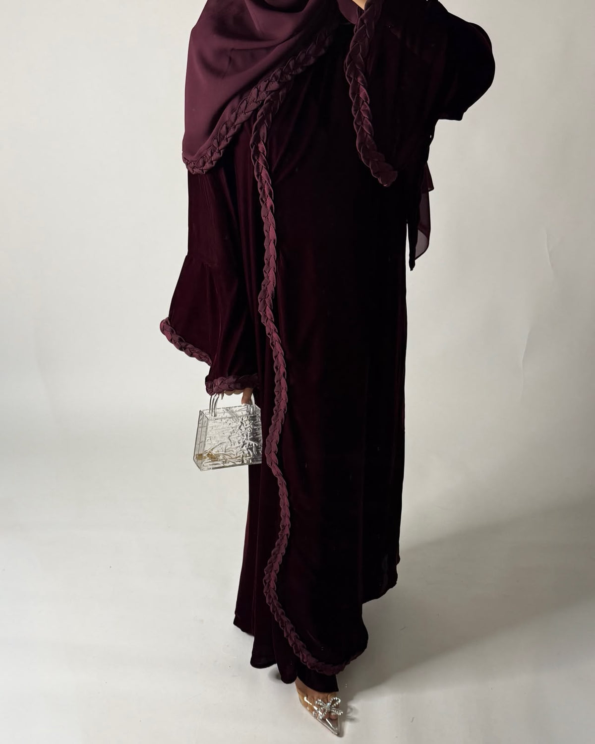 A685 - Maroon Braided Waves Velvet Abaya with Matching Head Scarf