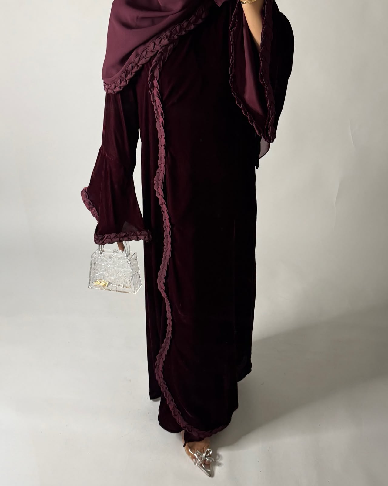 A685 - Maroon Braided Waves Velvet Abaya with Matching Head Scarf