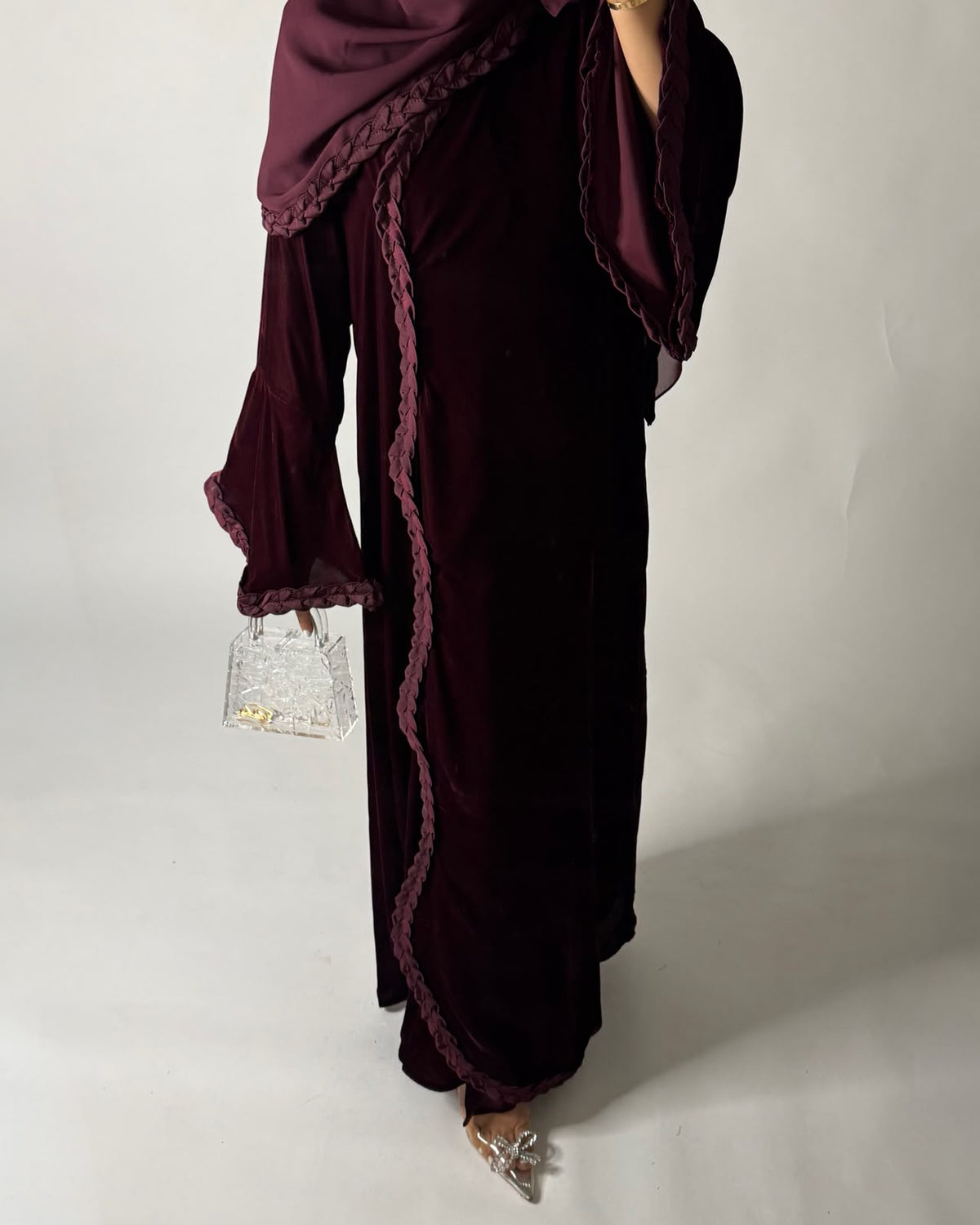 A685 - Maroon Braided Waves Velvet Abaya with Matching Head Scarf
