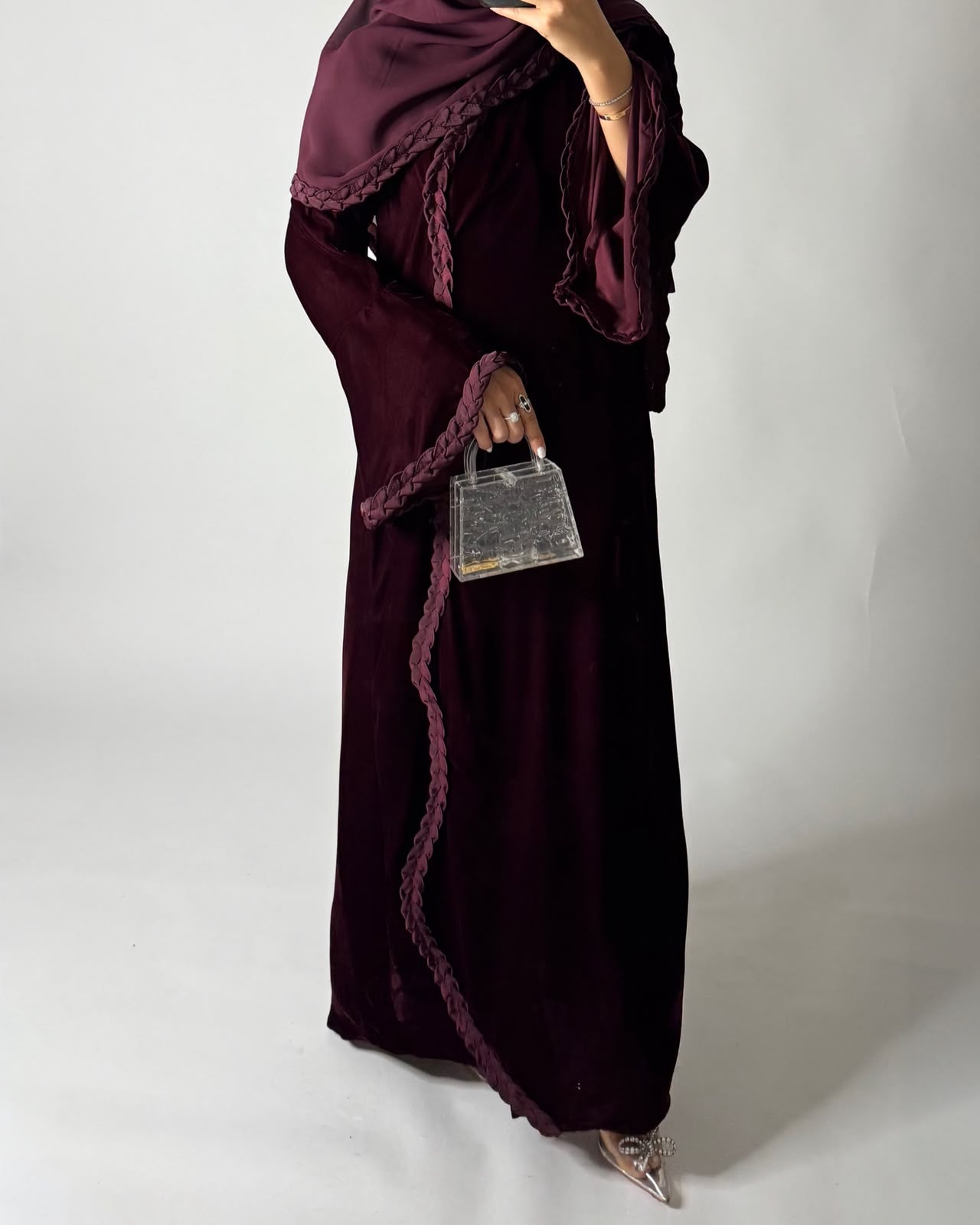 A685 - Maroon Braided Waves Velvet Abaya with Matching Head Scarf