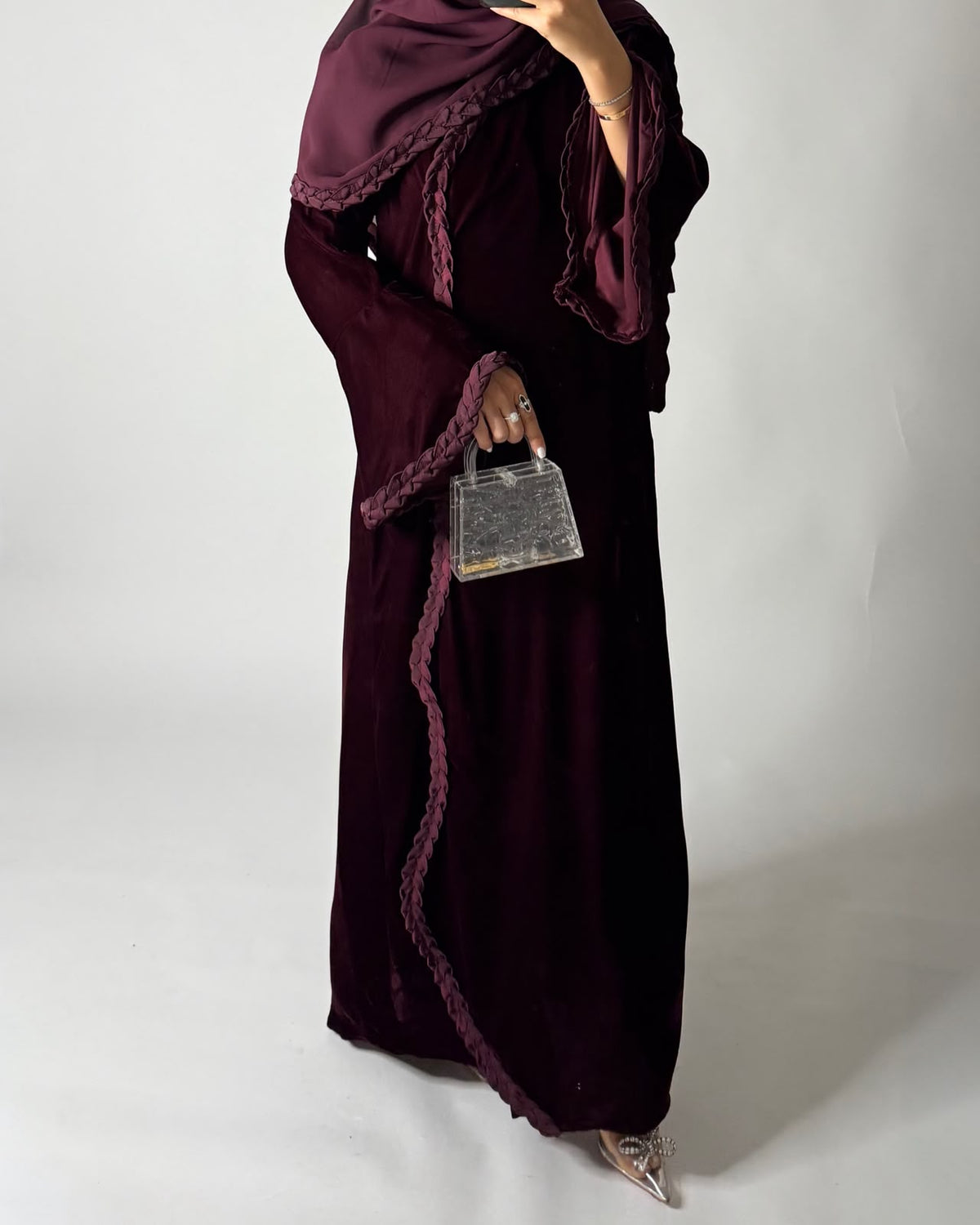 A685 - Maroon Braided Waves Velvet Abaya with Matching Head Scarf