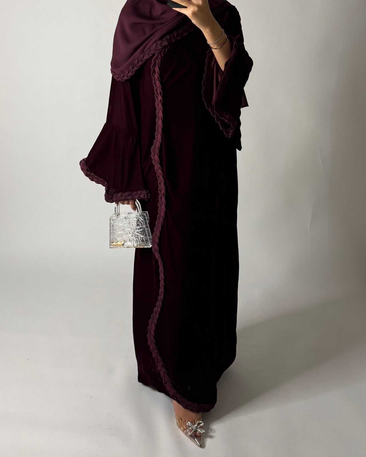 A685 - Maroon Braided Waves Velvet Abaya with Matching Head Scarf