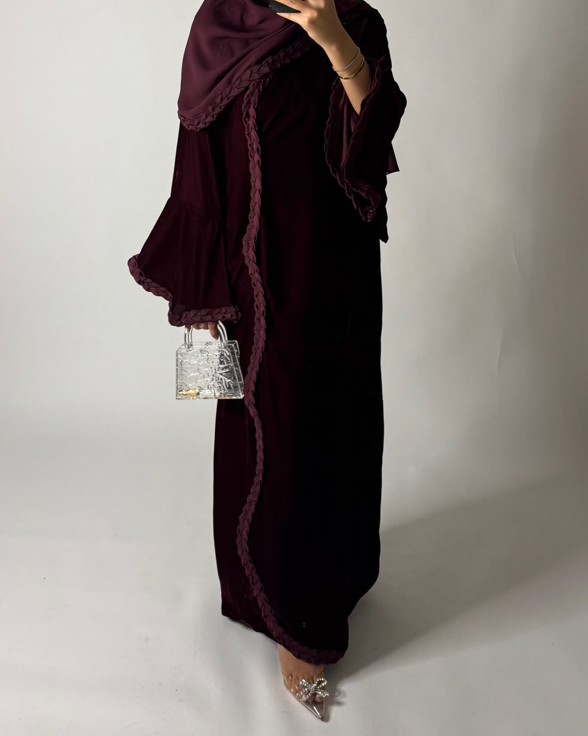 A685 - Maroon Braided Waves Velvet Abaya with Matching Head Scarf