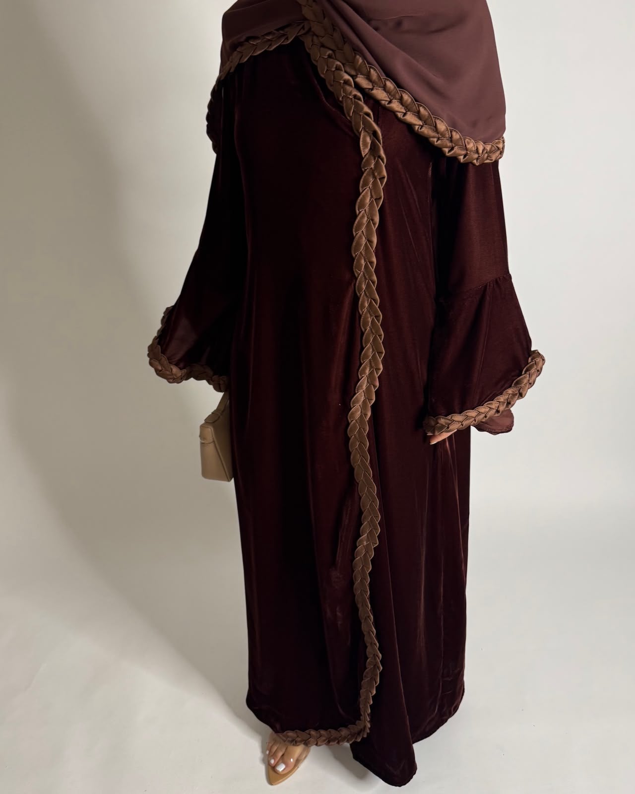 A686 - Brown Braided Waves Velvet Abaya with Matching Head Scarf