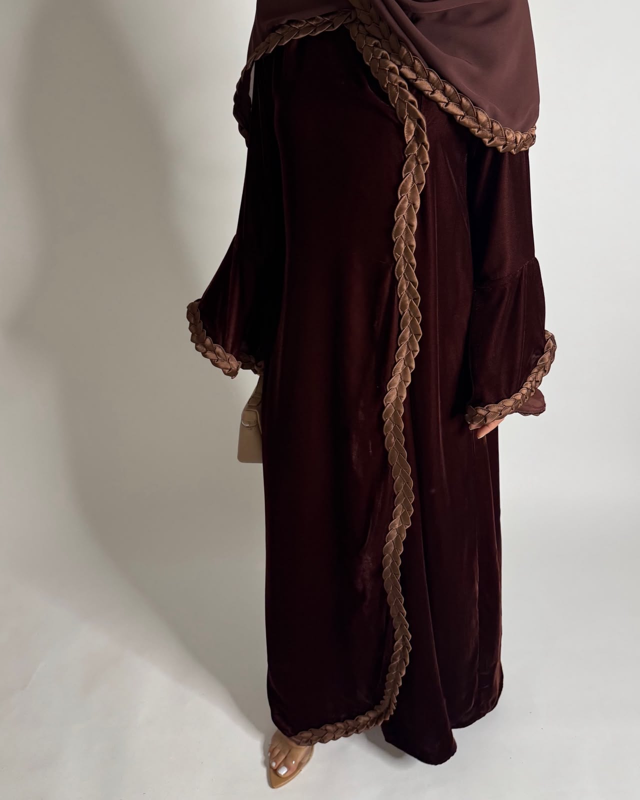 A686 - Brown Braided Waves Velvet Abaya with Matching Head Scarf