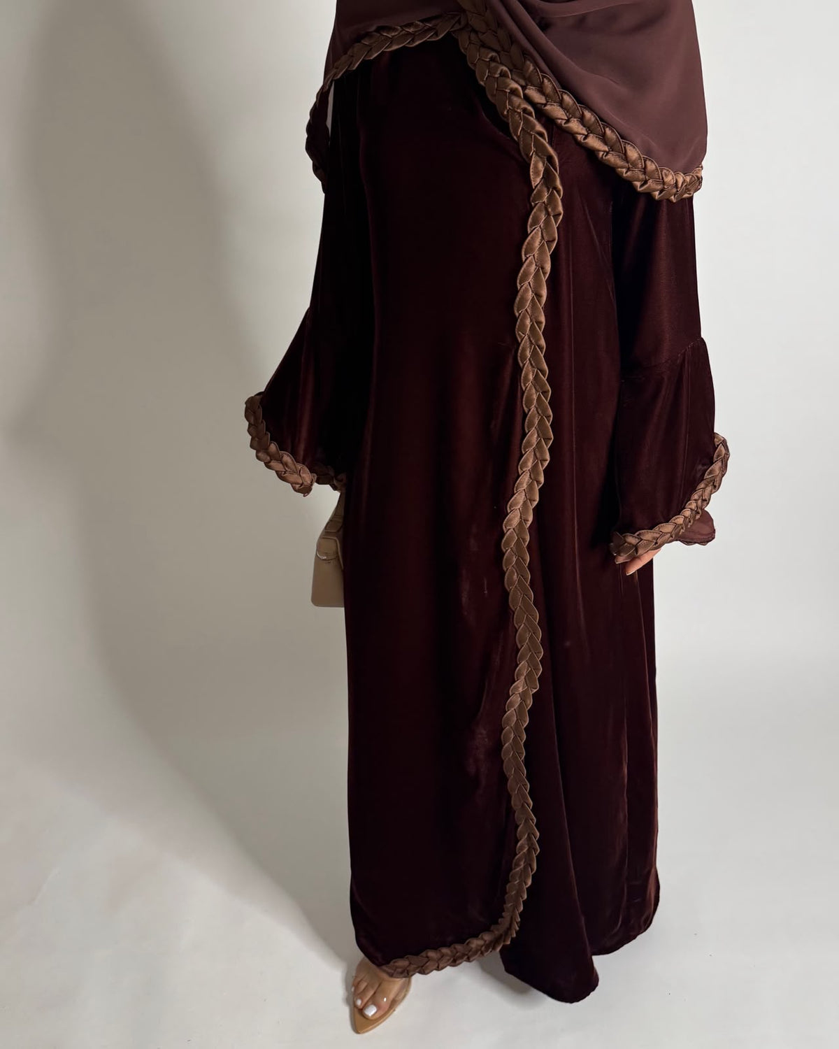 A686 - Brown Braided Waves Velvet Abaya with Matching Head Scarf