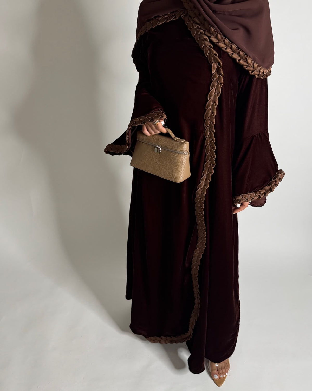 A686 - Brown Braided Waves Velvet Abaya with Matching Head Scarf
