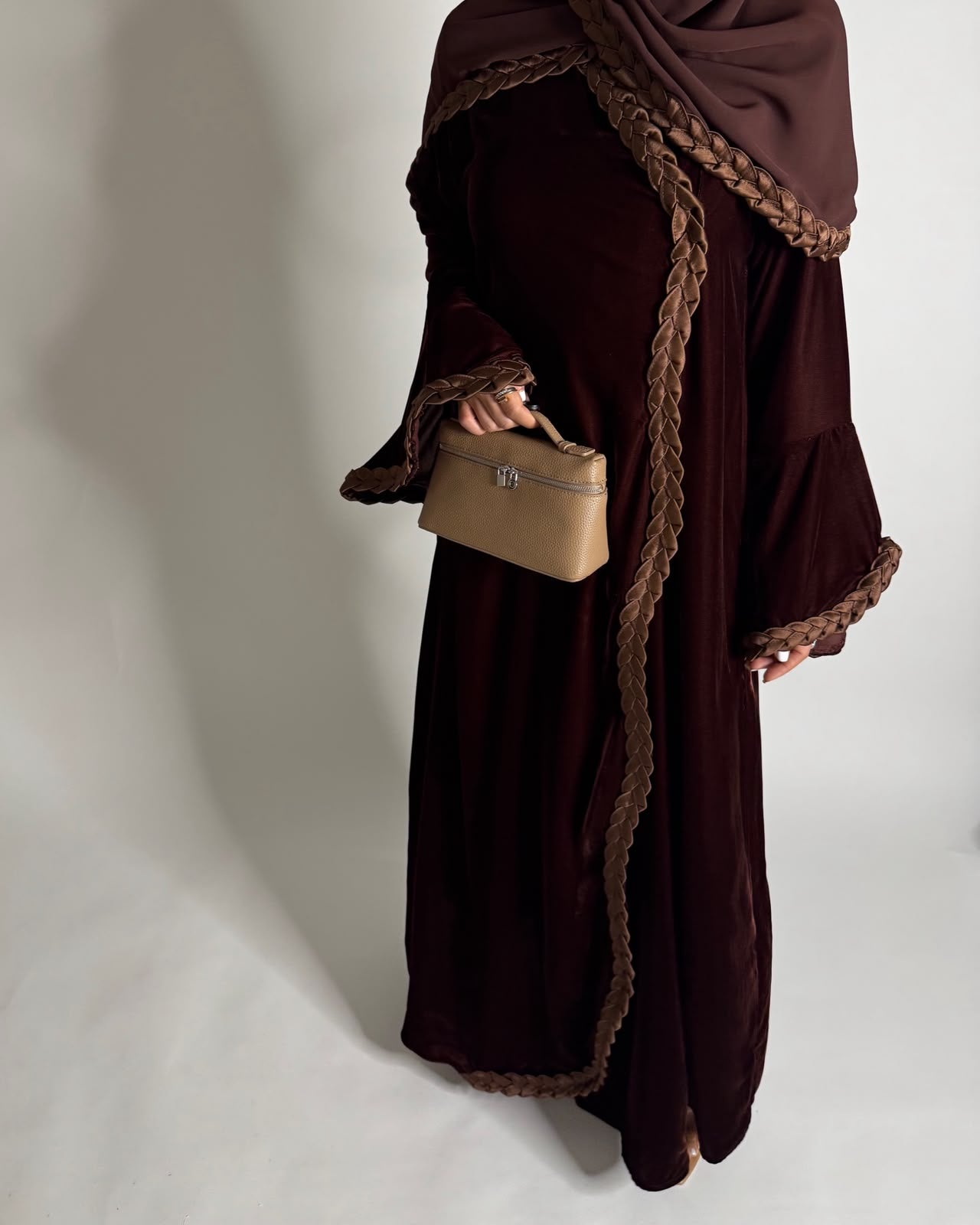 A686 - Brown Braided Waves Velvet Abaya with Matching Head Scarf
