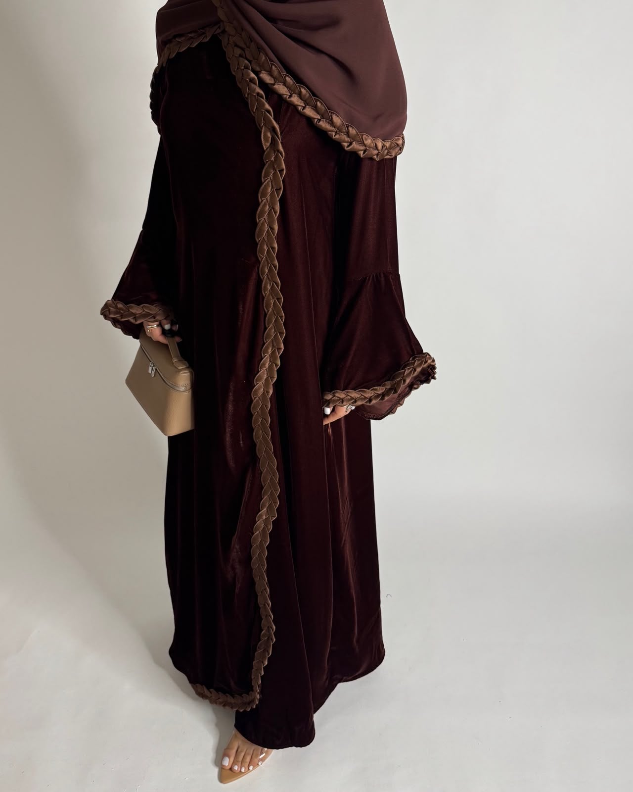 A686 - Brown Braided Waves Velvet Abaya with Matching Head Scarf
