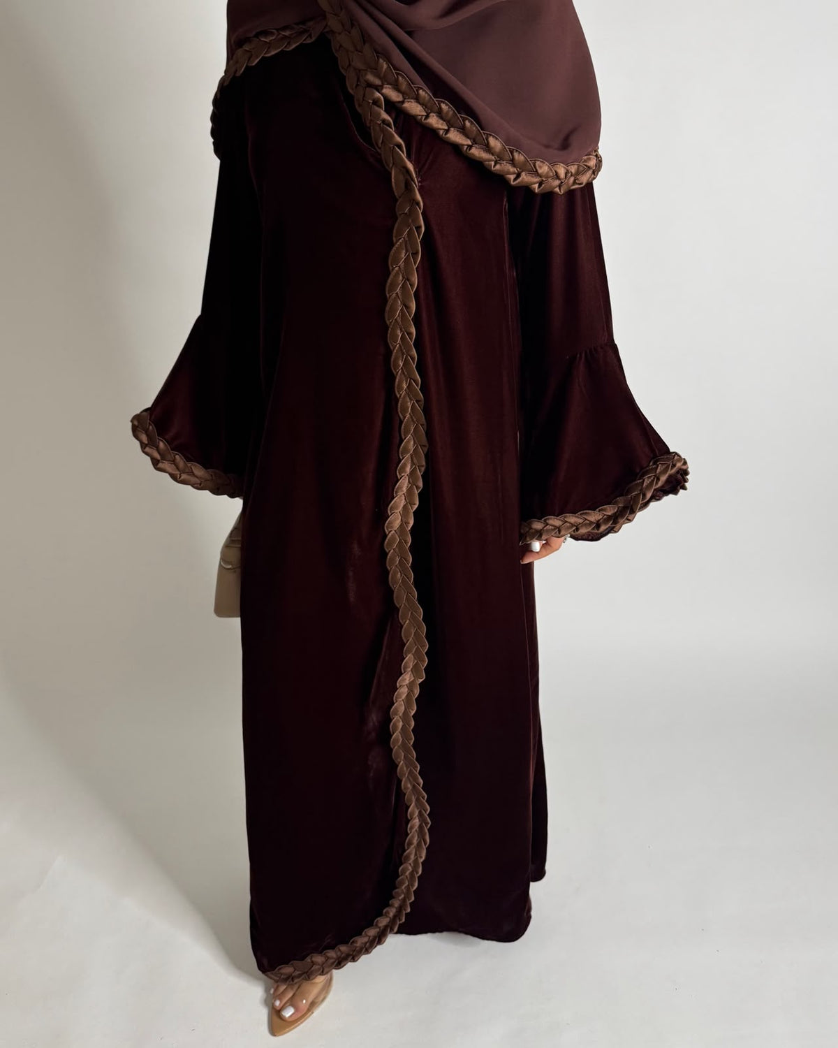 A686 - Brown Braided Waves Velvet Abaya with Matching Head Scarf