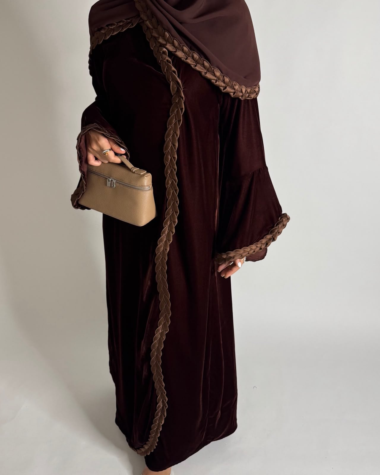 A686 - Brown Braided Waves Velvet Abaya with Matching Head Scarf